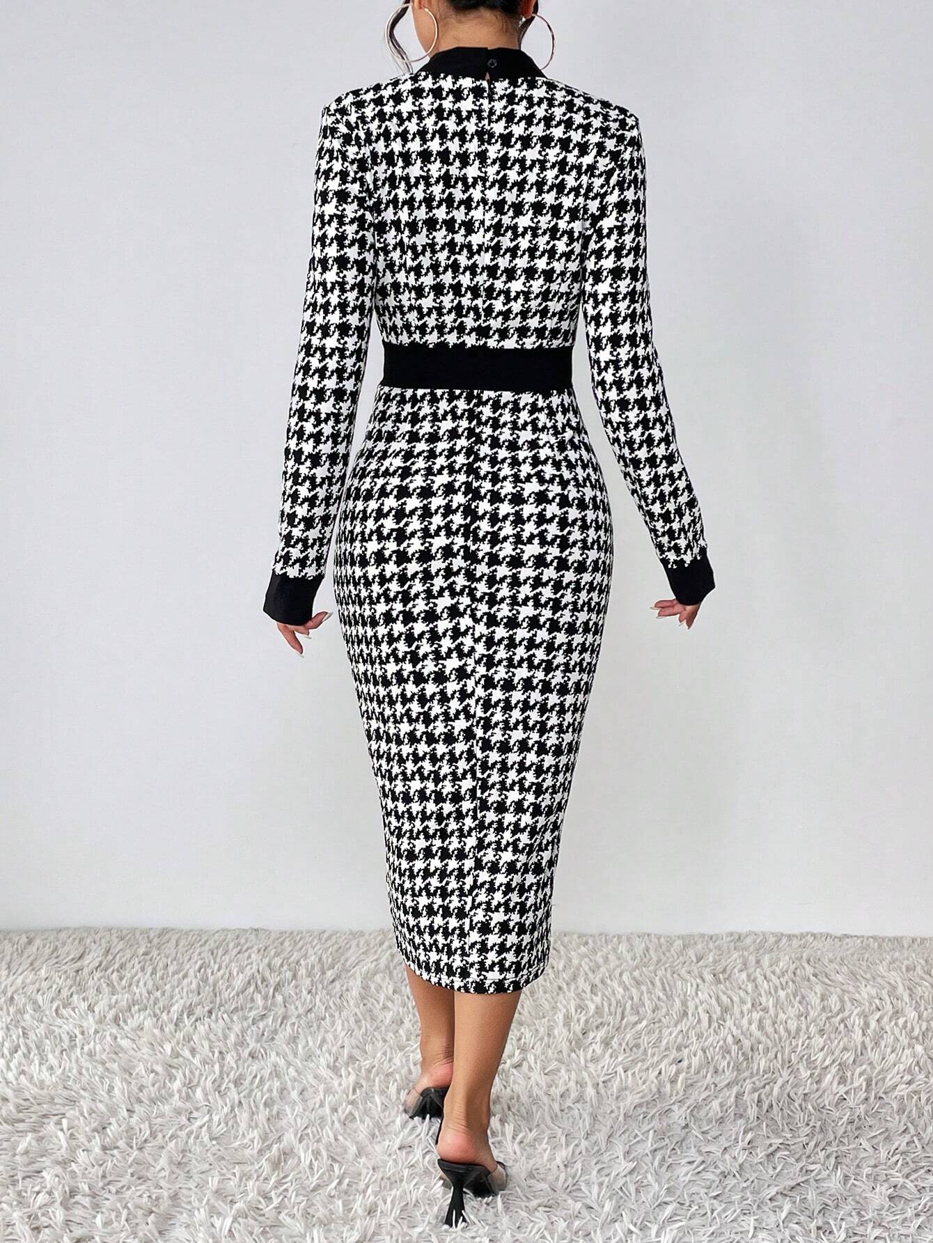 Buy SHEIN Privé Houndstooth Print Button Front Bodycon Dress in Pakistan