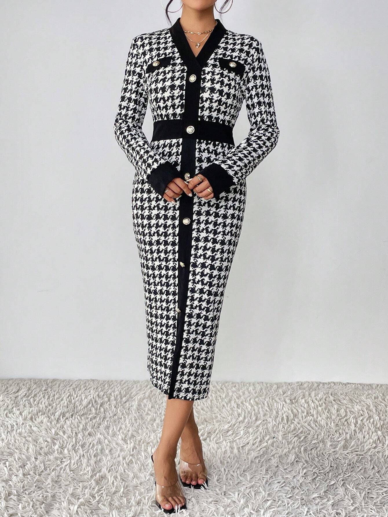 Buy SHEIN Privé Houndstooth Print Button Front Bodycon Dress in Pakistan