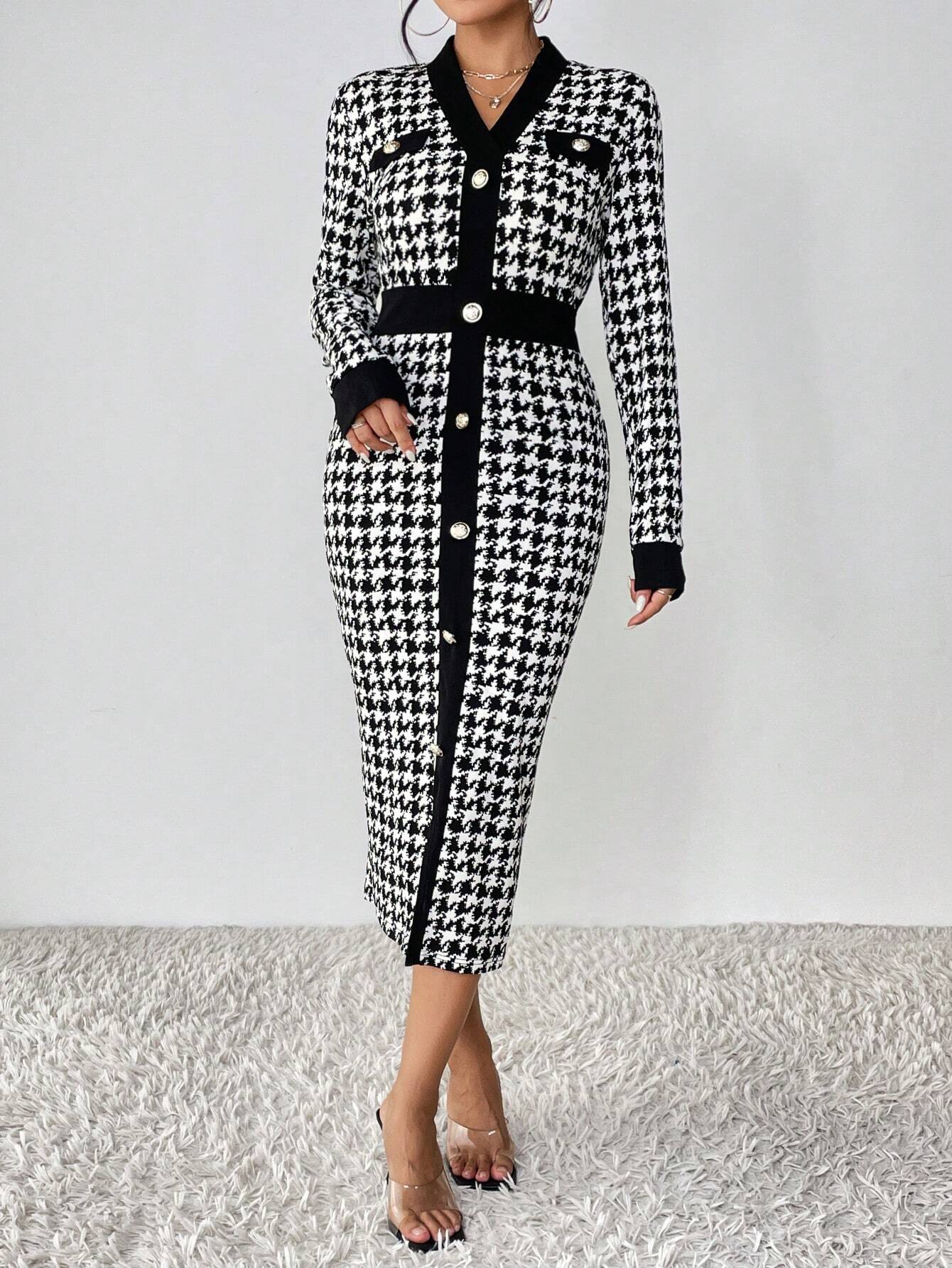 Buy SHEIN Privé Houndstooth Print Button Front Bodycon Dress in Pakistan