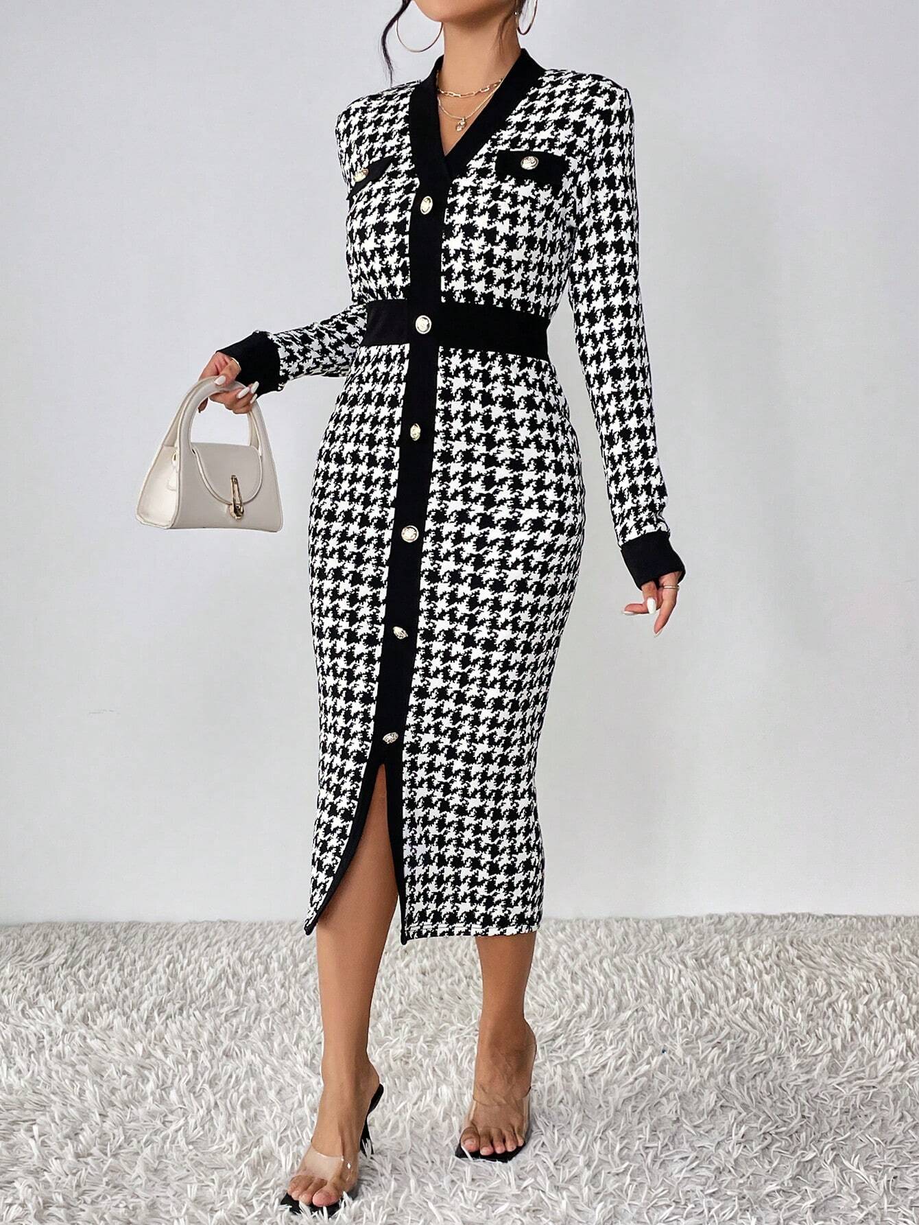 Buy SHEIN Privé Houndstooth Print Button Front Bodycon Dress in Pakistan