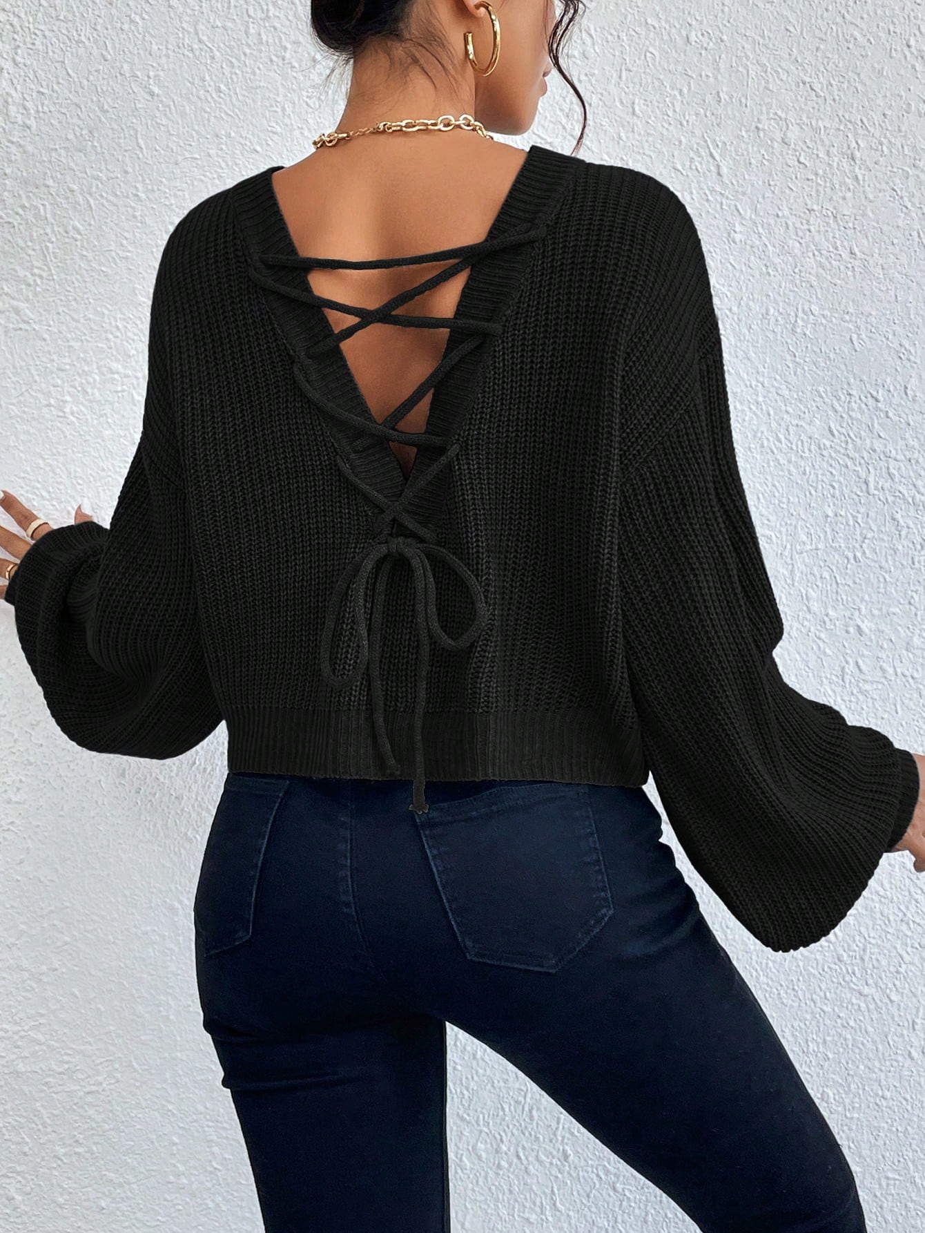 Buy SHEIN Privé Lace Up Front Drop Shoulder Sweater in Pakistan