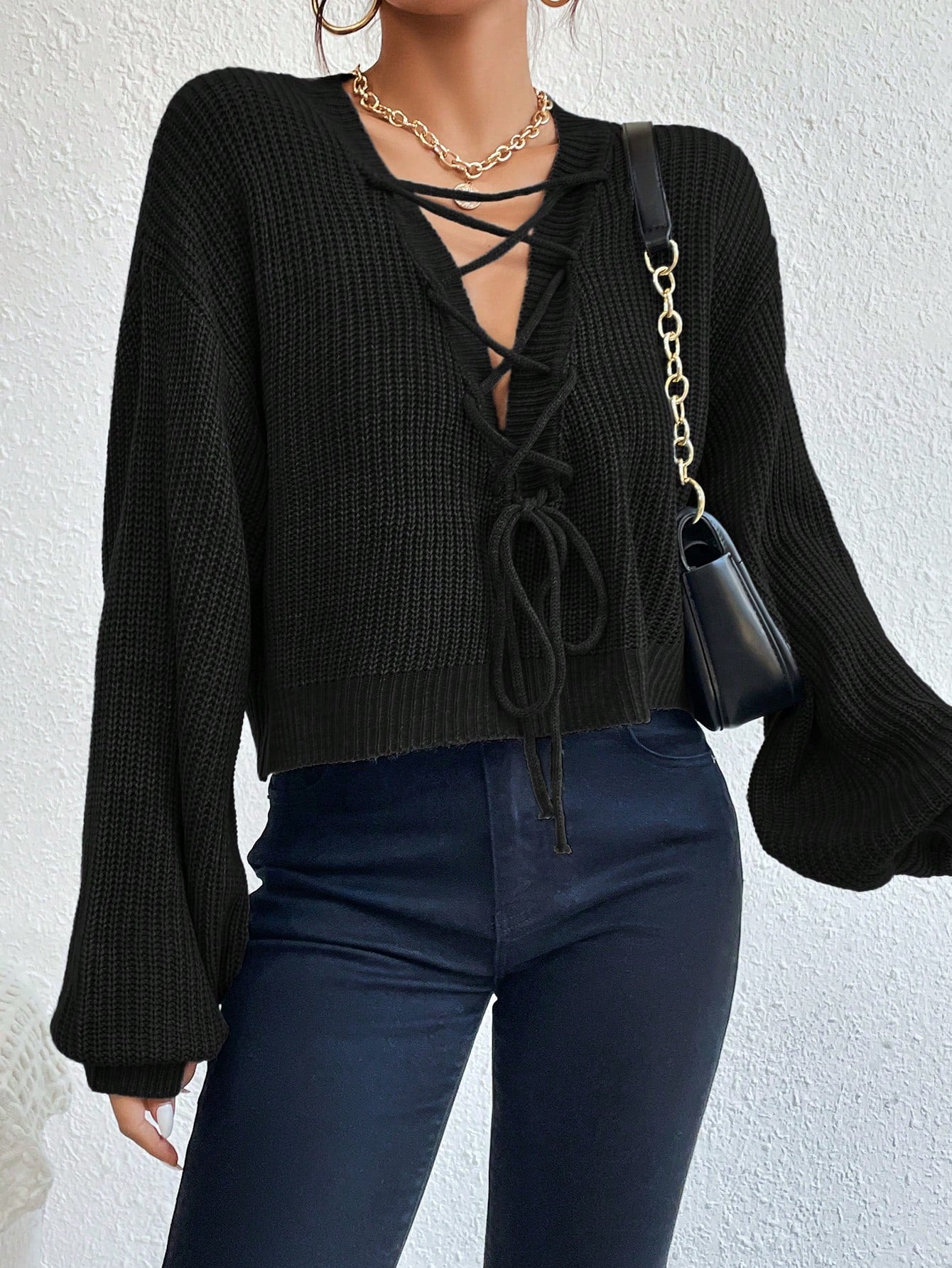 Buy SHEIN Privé Lace Up Front Drop Shoulder Sweater in Pakistan