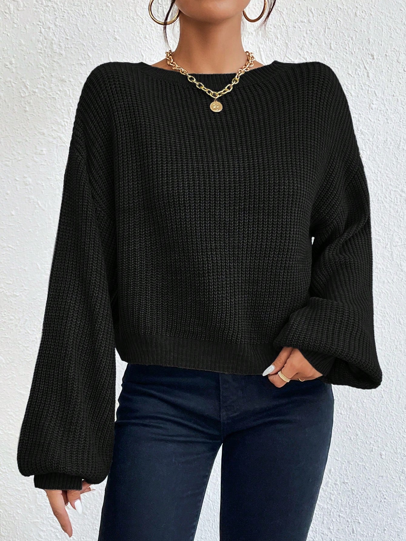 Buy SHEIN Privé Lace Up Front Drop Shoulder Sweater in Pakistan