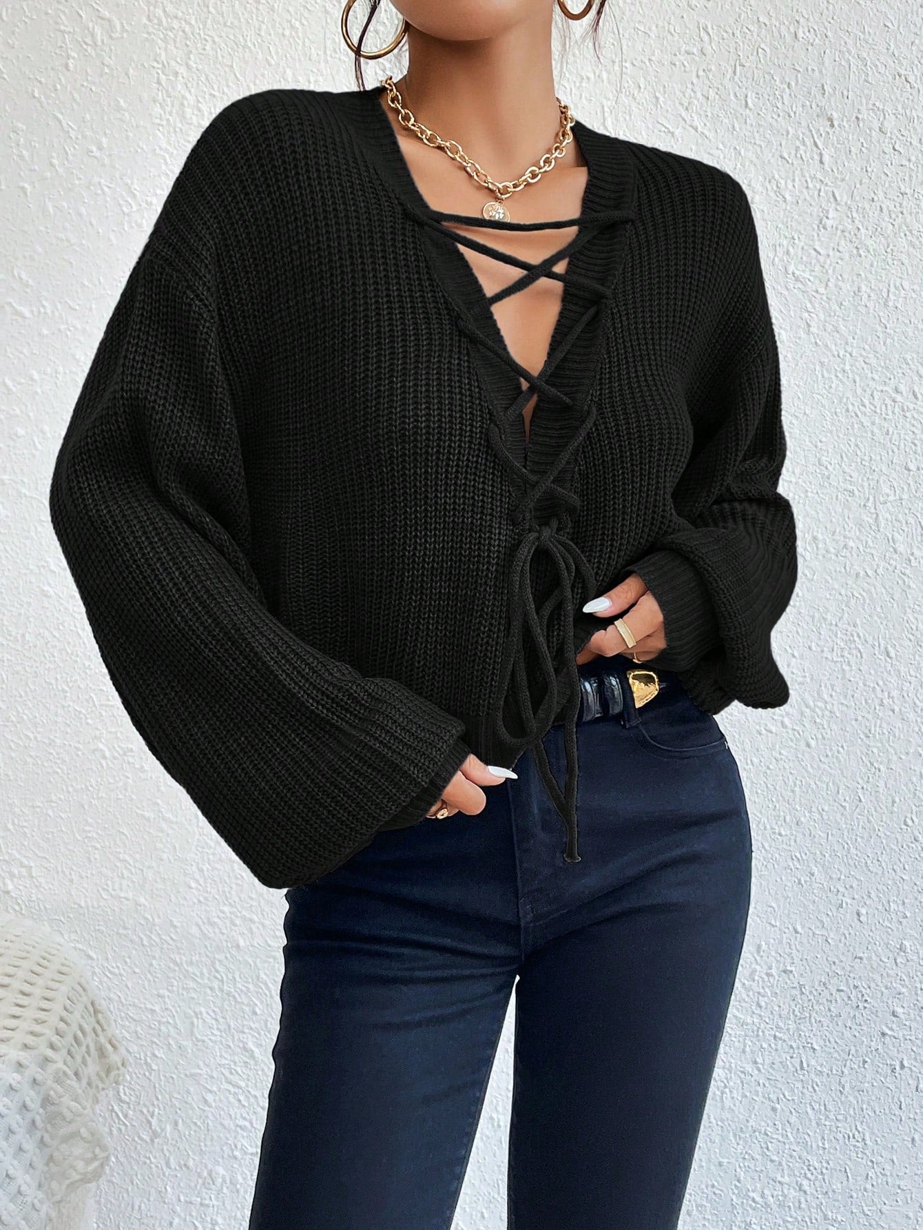 Buy SHEIN Privé Lace Up Front Drop Shoulder Sweater in Pakistan