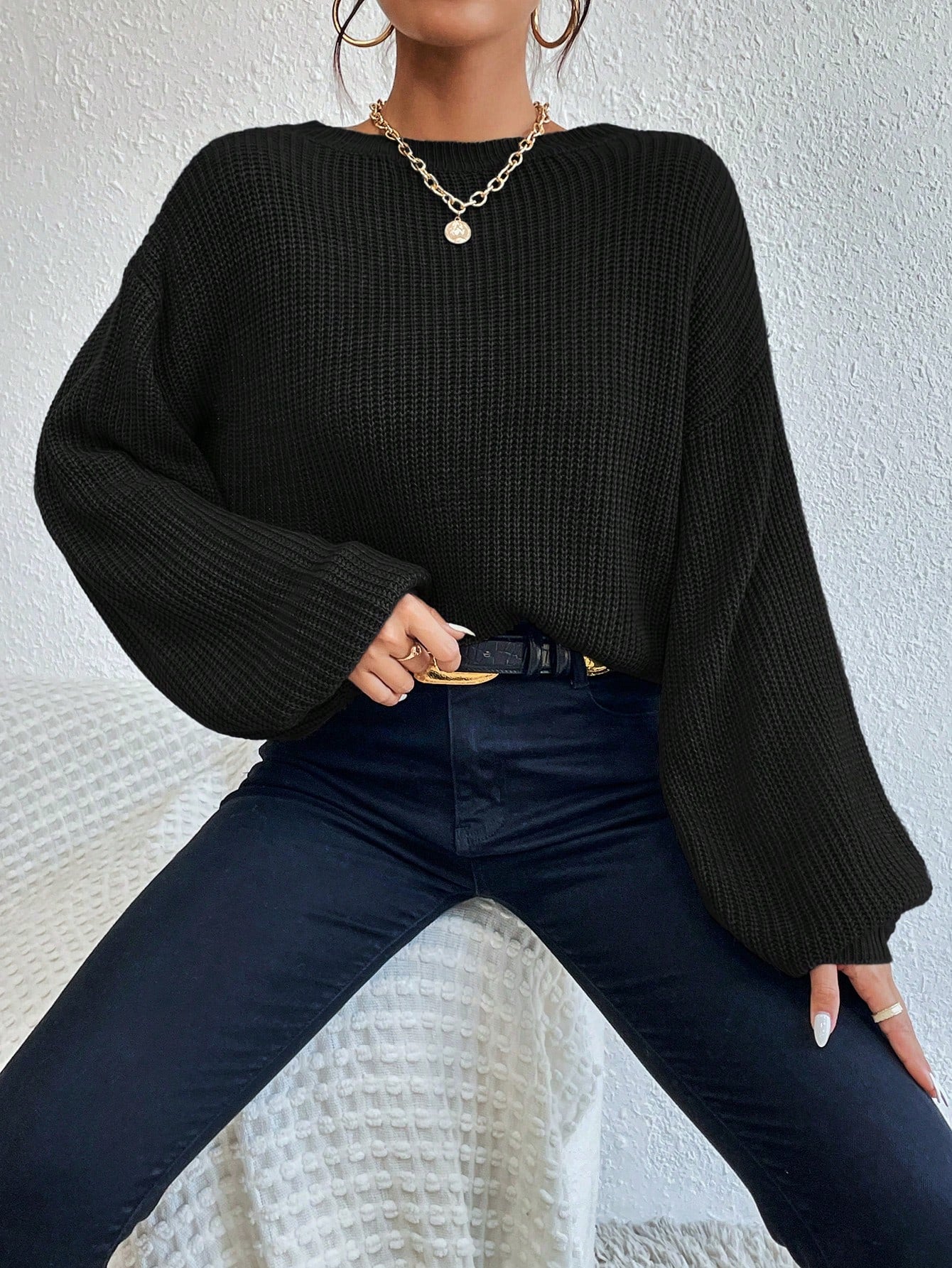 Buy SHEIN Privé Lace Up Front Drop Shoulder Sweater in Pakistan