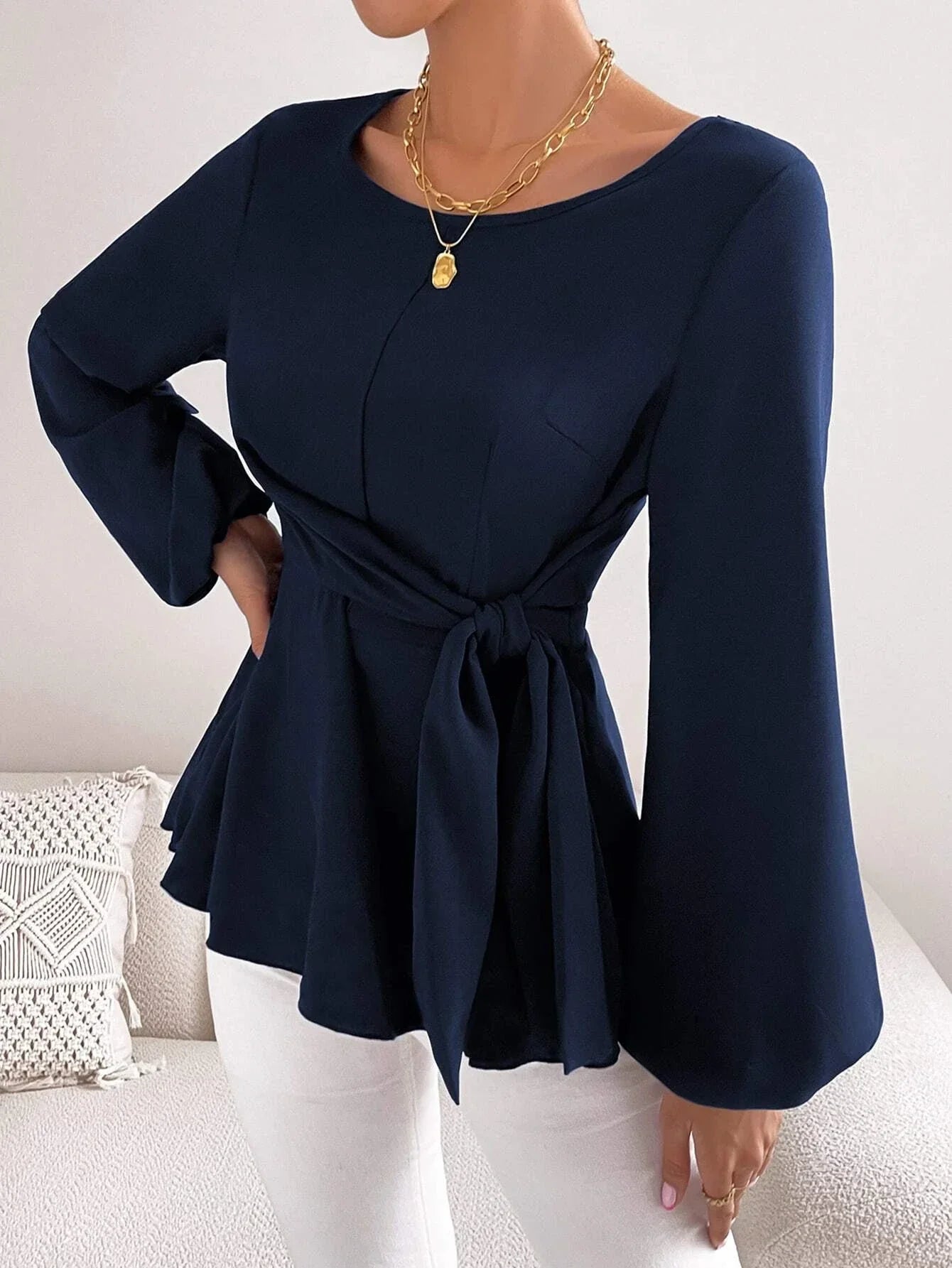 Buy SHEIN Priv̩ Lantern Sleeve Tie Front Peplum Blouse in Pakistan