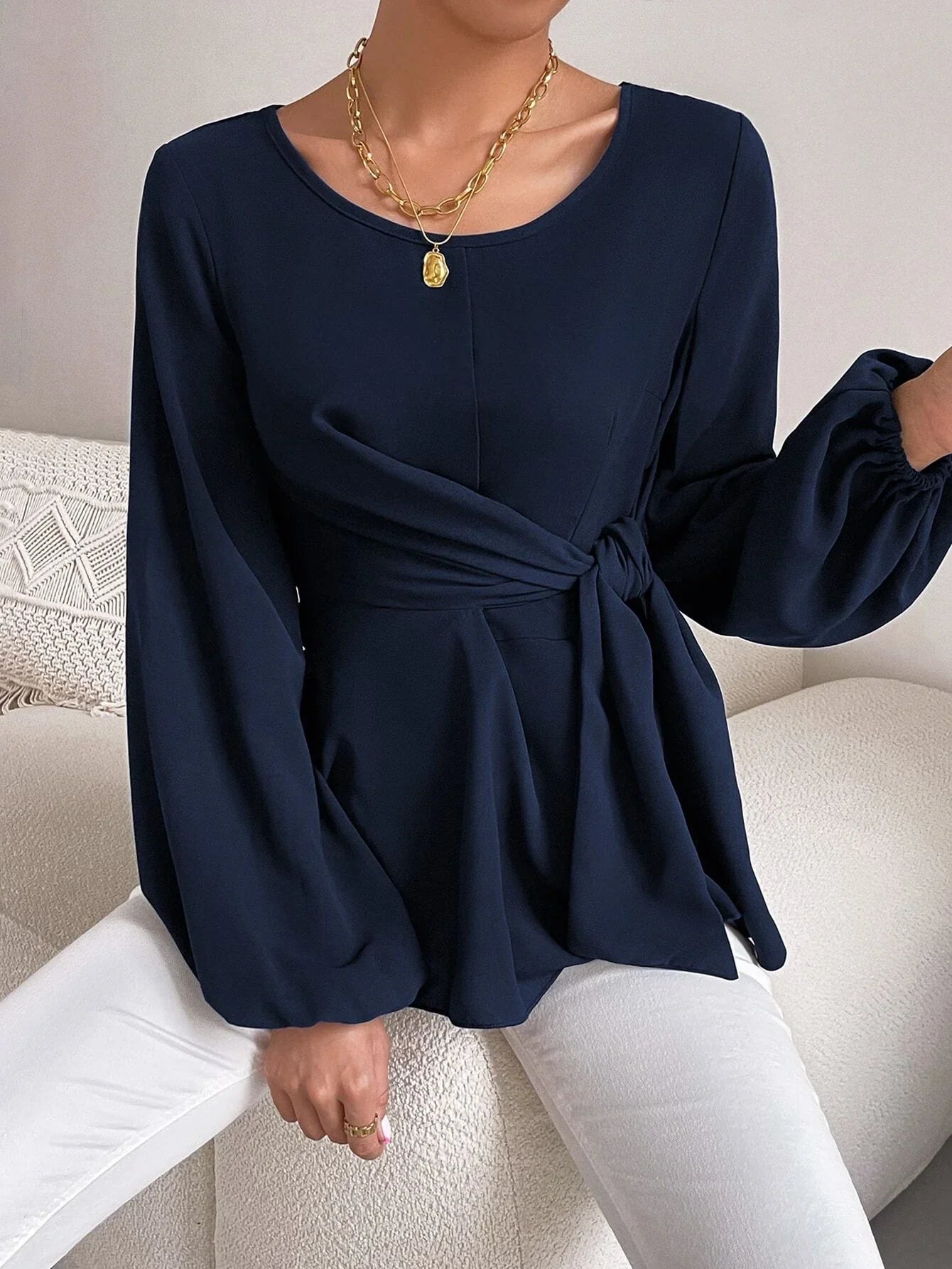 Buy SHEIN Priv̩ Lantern Sleeve Tie Front Peplum Blouse in Pakistan