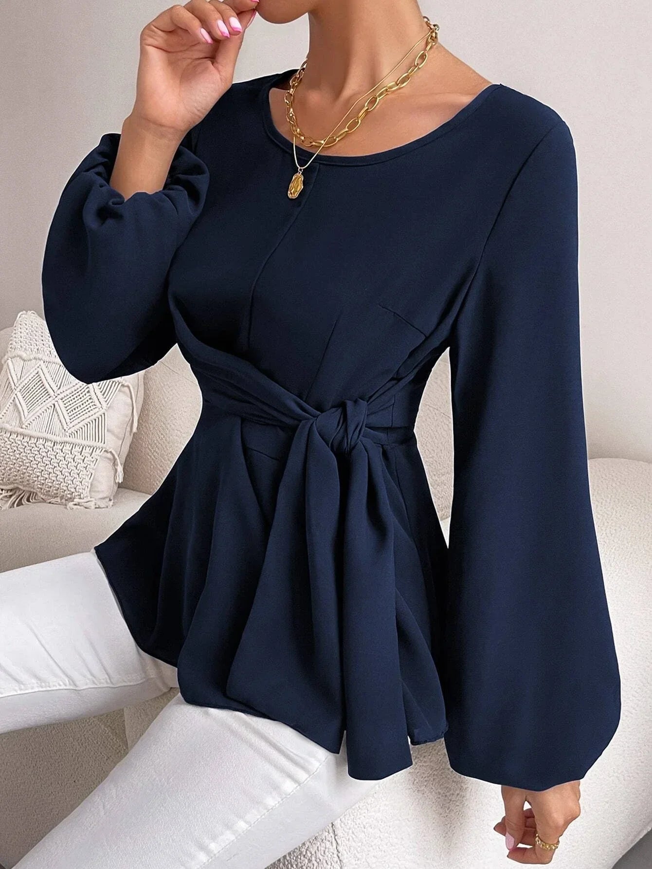 Buy SHEIN Priv̩ Lantern Sleeve Tie Front Peplum Blouse in Pakistan