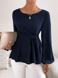 Buy SHEIN Priv̩ Lantern Sleeve Tie Front Peplum Blouse in Pakistan