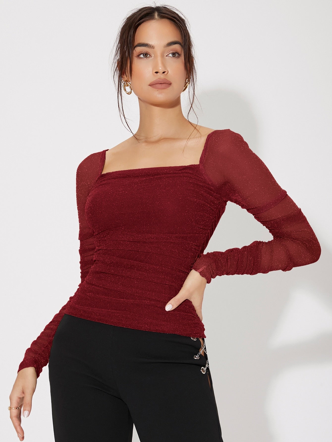 Buy SHEIN Priv̩ Mesh Panel Ruched Glitter Top in Pakistan