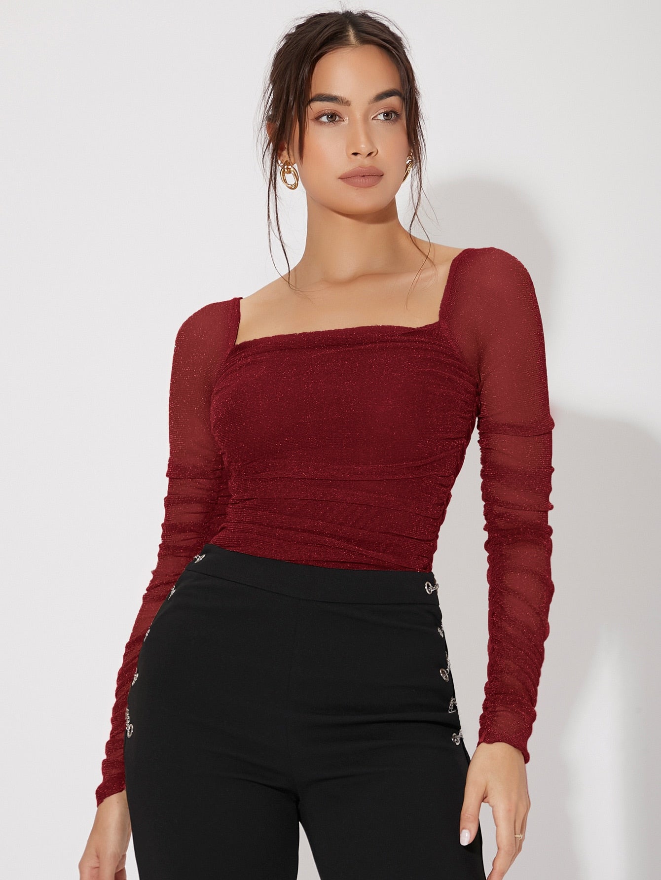 Buy SHEIN Priv̩ Mesh Panel Ruched Glitter Top in Pakistan