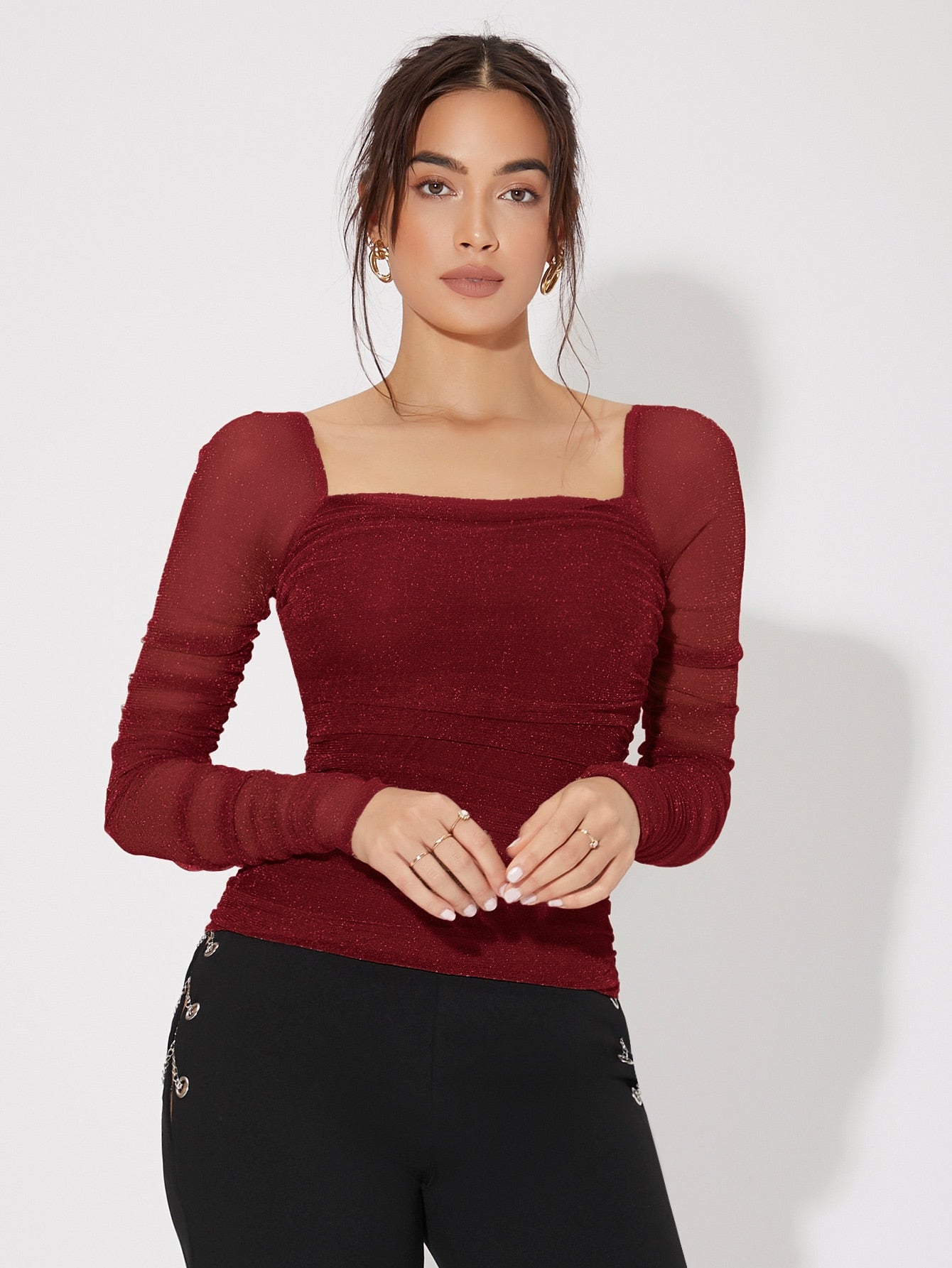 Buy SHEIN Priv̩ Mesh Panel Ruched Glitter Top in Pakistan