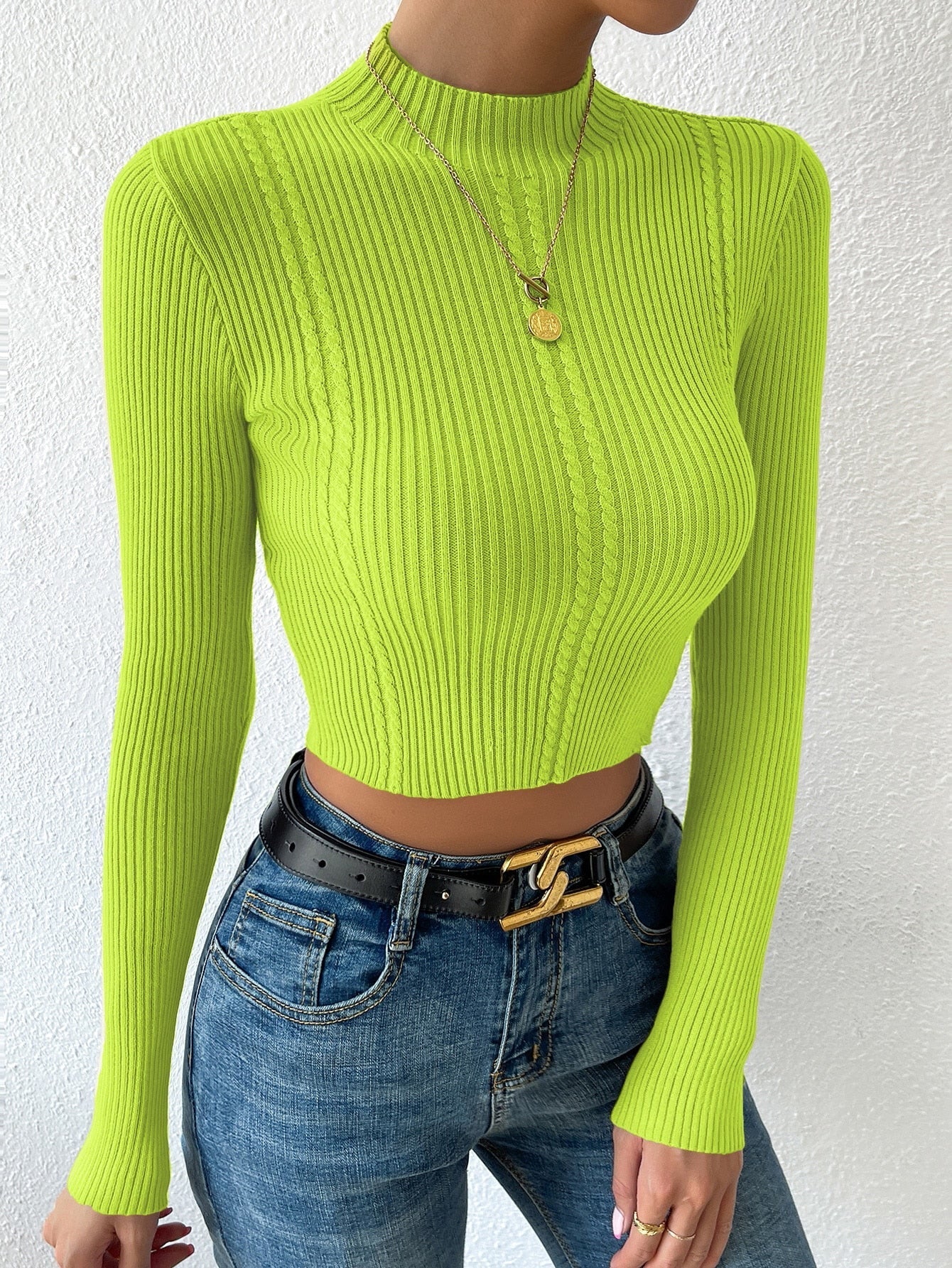Buy SHEIN Priv̩ Mock Neck Cable Knit Crop Sweater in Pakistan
