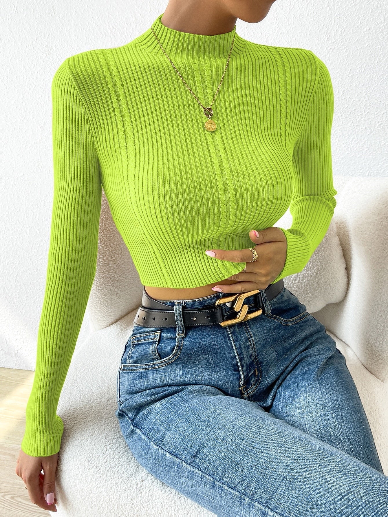 Buy SHEIN Priv̩ Mock Neck Cable Knit Crop Sweater in Pakistan