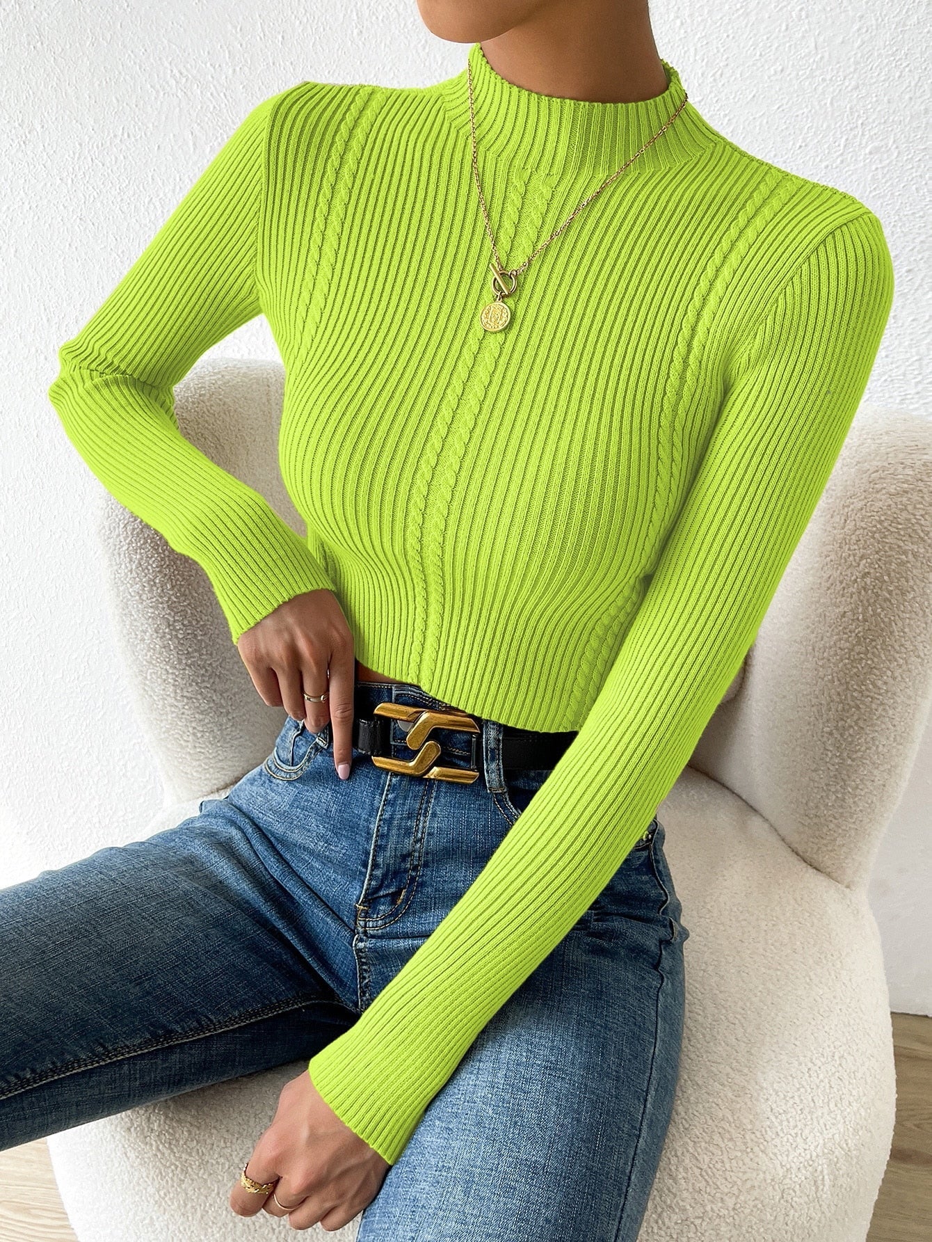Buy SHEIN Priv̩ Mock Neck Cable Knit Crop Sweater in Pakistan