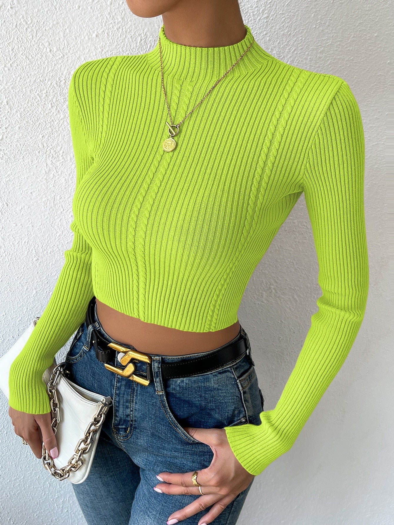 Buy SHEIN Priv̩ Mock Neck Cable Knit Crop Sweater in Pakistan