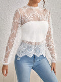 Buy SHEIN Privé Mock Neck Lantern Sleeve Eyelash Lace Blouse Without Cami Top in Pakistan