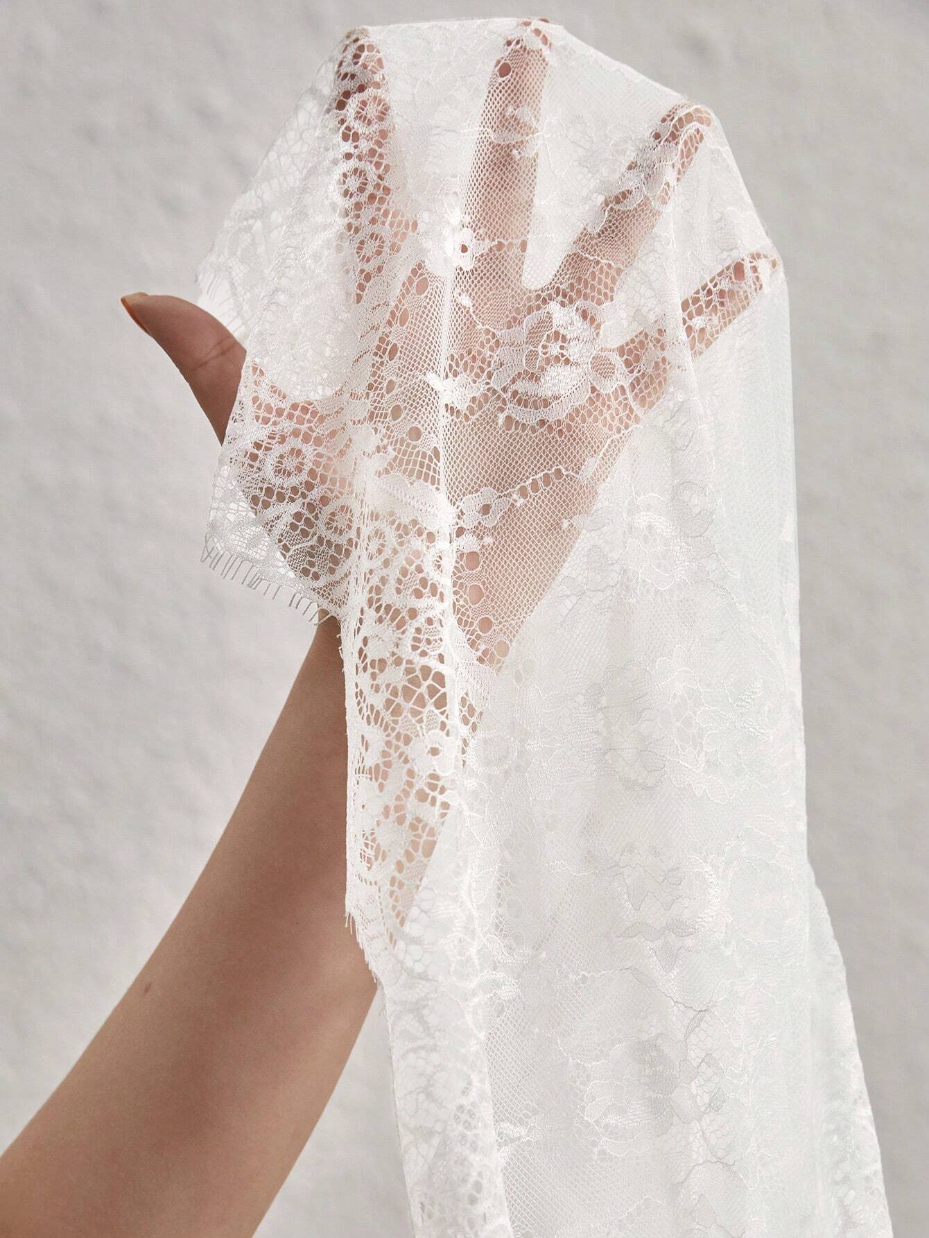 Buy SHEIN Privé Mock Neck Lantern Sleeve Eyelash Lace Blouse Without Cami Top in Pakistan