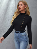 Buy SHEIN Priv̩ Mock Neck Lettuce Trim Button Detail Fitted Top in Pakistan
