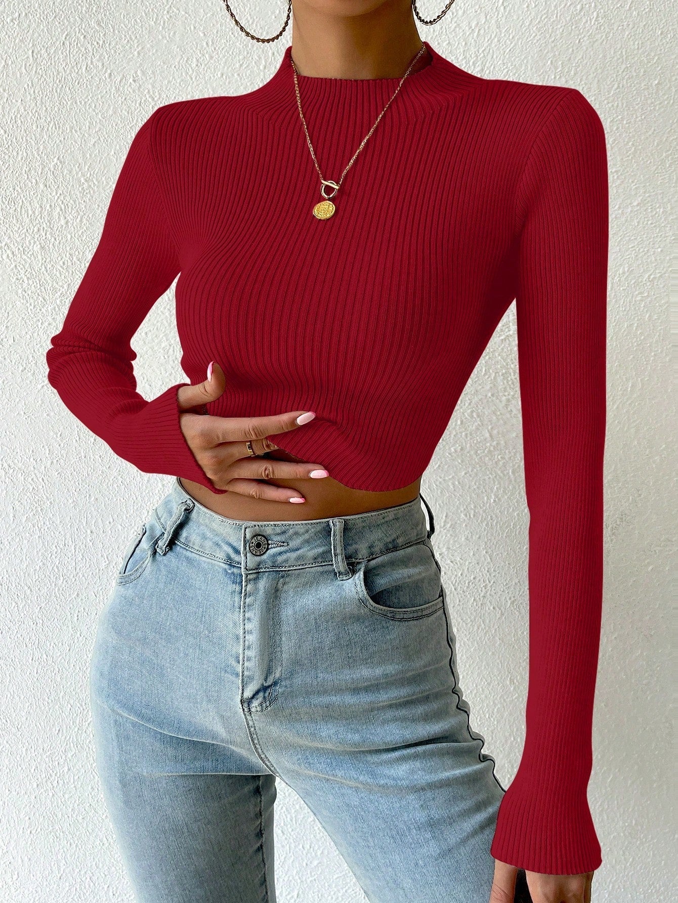 Buy SHEIN Priv̩ Mock Neck Ribbed Knit Crop Sweater in Pakistan