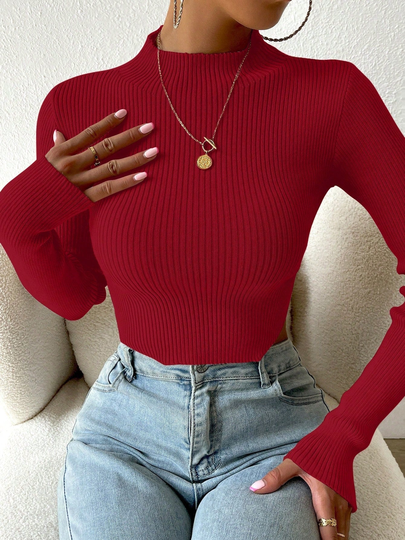 Buy SHEIN Priv̩ Mock Neck Ribbed Knit Crop Sweater in Pakistan