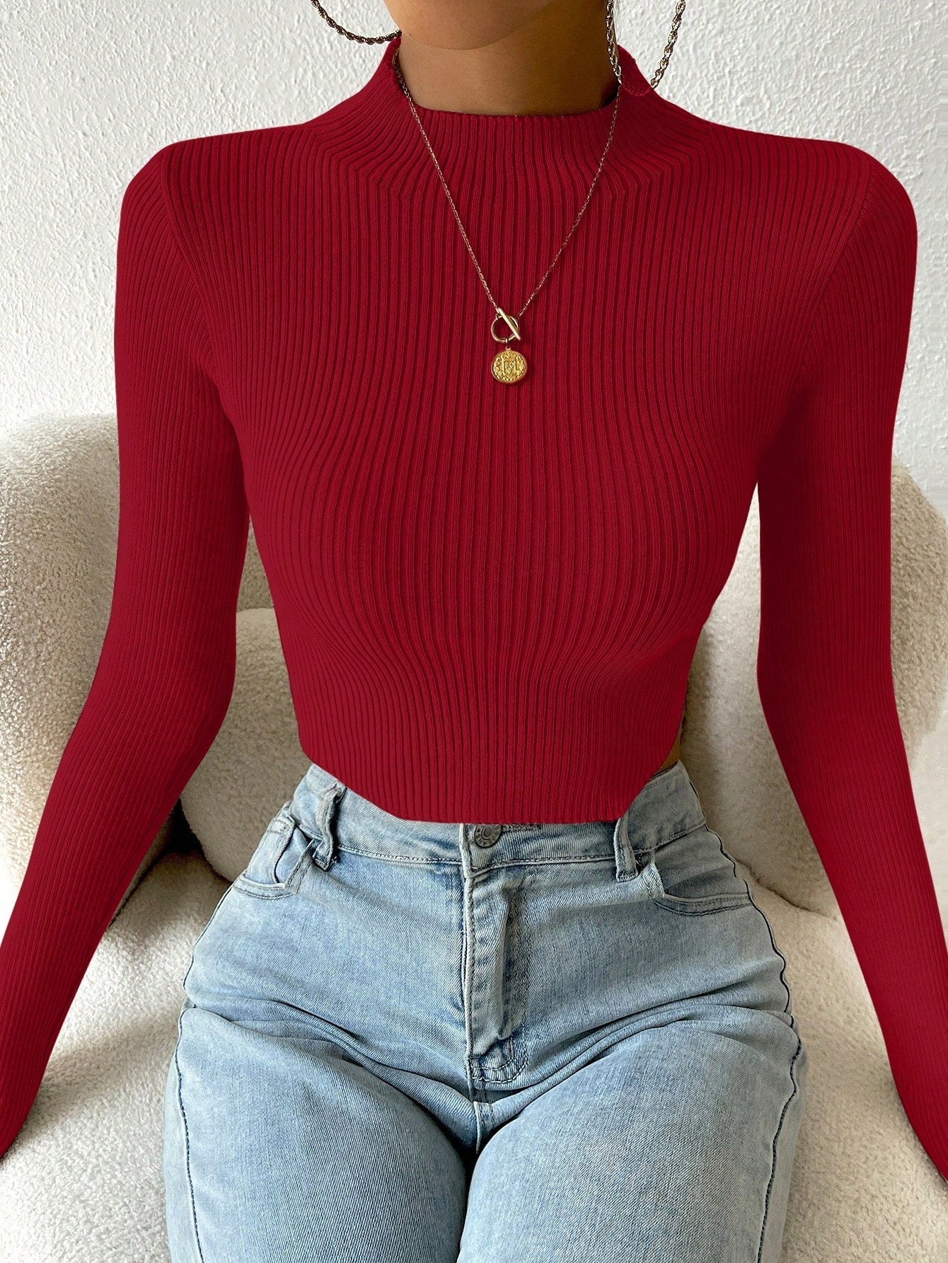 Buy SHEIN Priv̩ Mock Neck Ribbed Knit Crop Sweater in Pakistan