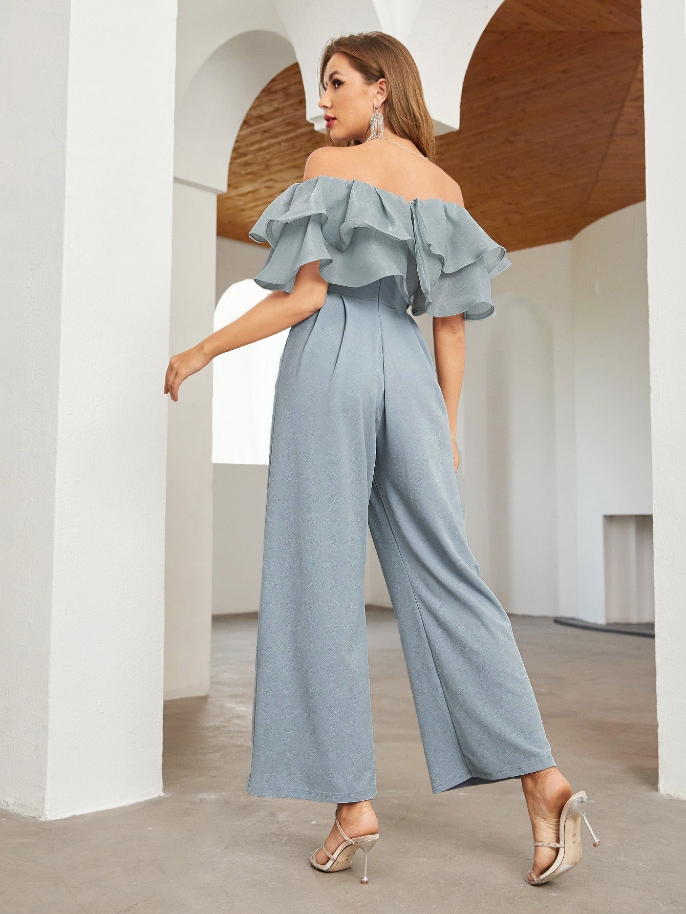Buy SHEIN Privé Off Shoulder Layered Ruffle Detail Palazzo Jumpsuit in Pakistan