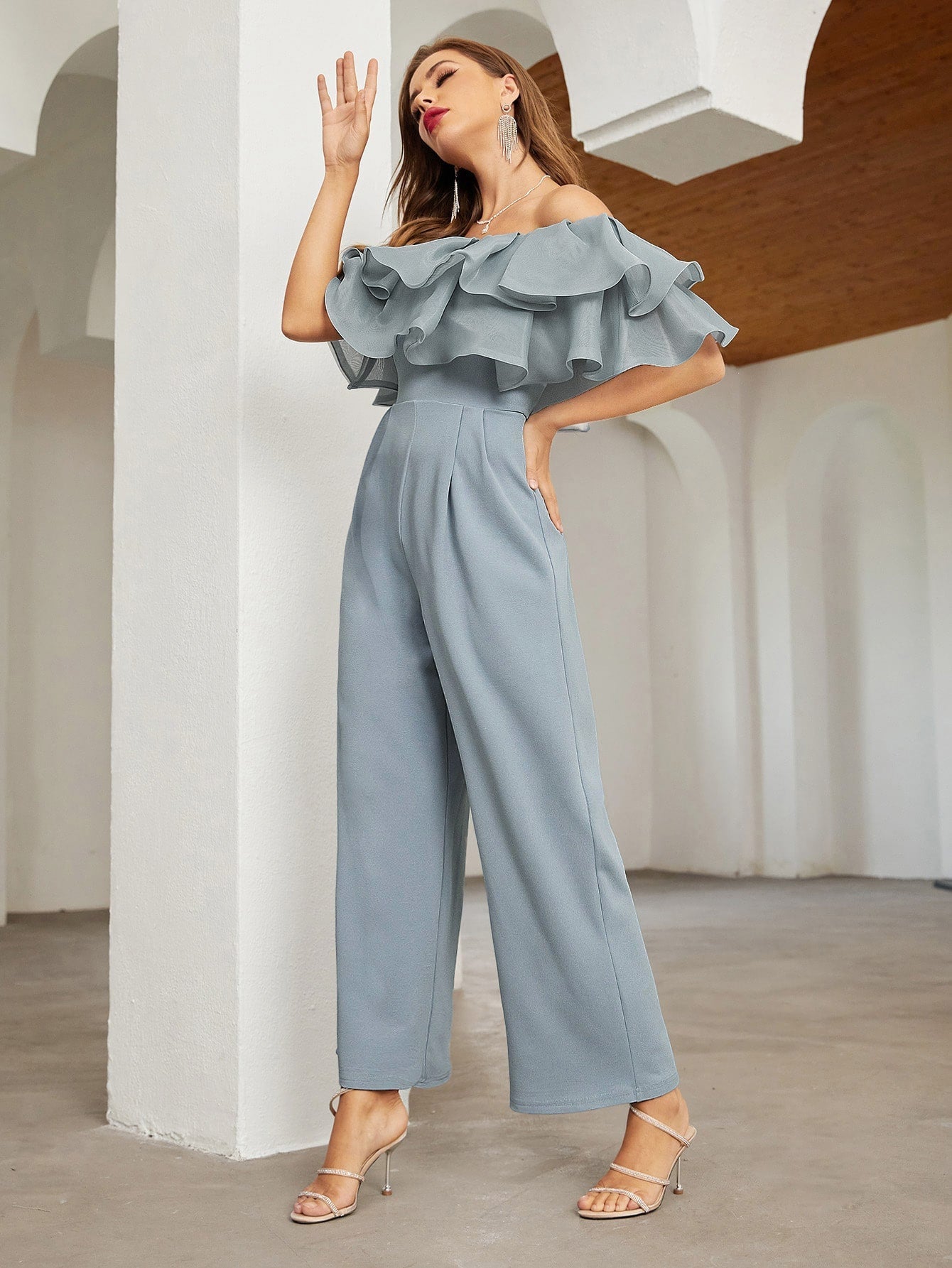 Buy SHEIN Privé Off Shoulder Layered Ruffle Detail Palazzo Jumpsuit in Pakistan