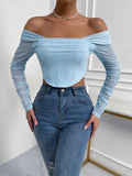 Buy SHEIN Priv̩ Off Shoulder Ruched Mesh Crop Top in Pakistan