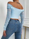 Buy SHEIN Priv̩ Off Shoulder Ruched Mesh Crop Top in Pakistan