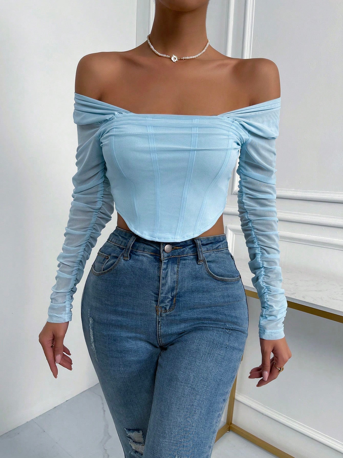 Buy SHEIN Priv̩ Off Shoulder Ruched Mesh Crop Top in Pakistan