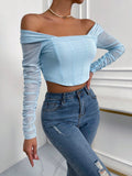 Buy SHEIN Priv̩ Off Shoulder Ruched Mesh Crop Top in Pakistan