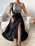 Buy SHEIN Priv̩ One Shoulder Ruffle Trim Split Thigh Belted Dress in Pakistan