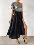 Buy SHEIN Priv̩ One Shoulder Ruffle Trim Split Thigh Belted Dress in Pakistan