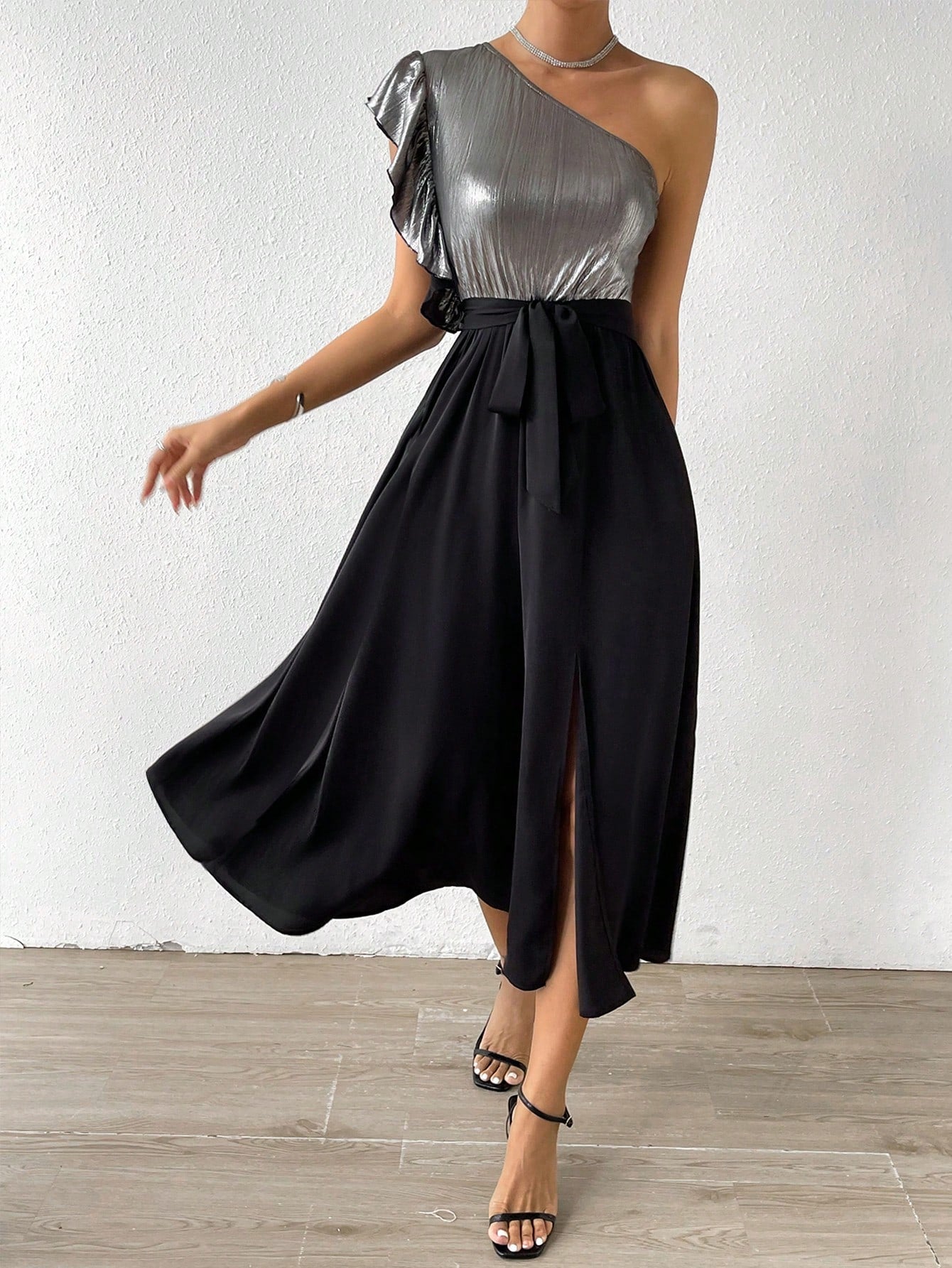 Buy SHEIN Priv̩ One Shoulder Ruffle Trim Split Thigh Belted Dress in Pakistan