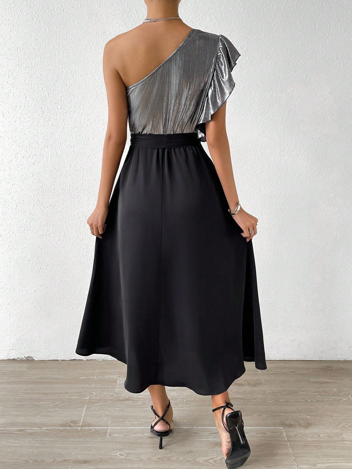 Buy SHEIN Priv̩ One Shoulder Ruffle Trim Split Thigh Belted Dress in Pakistan