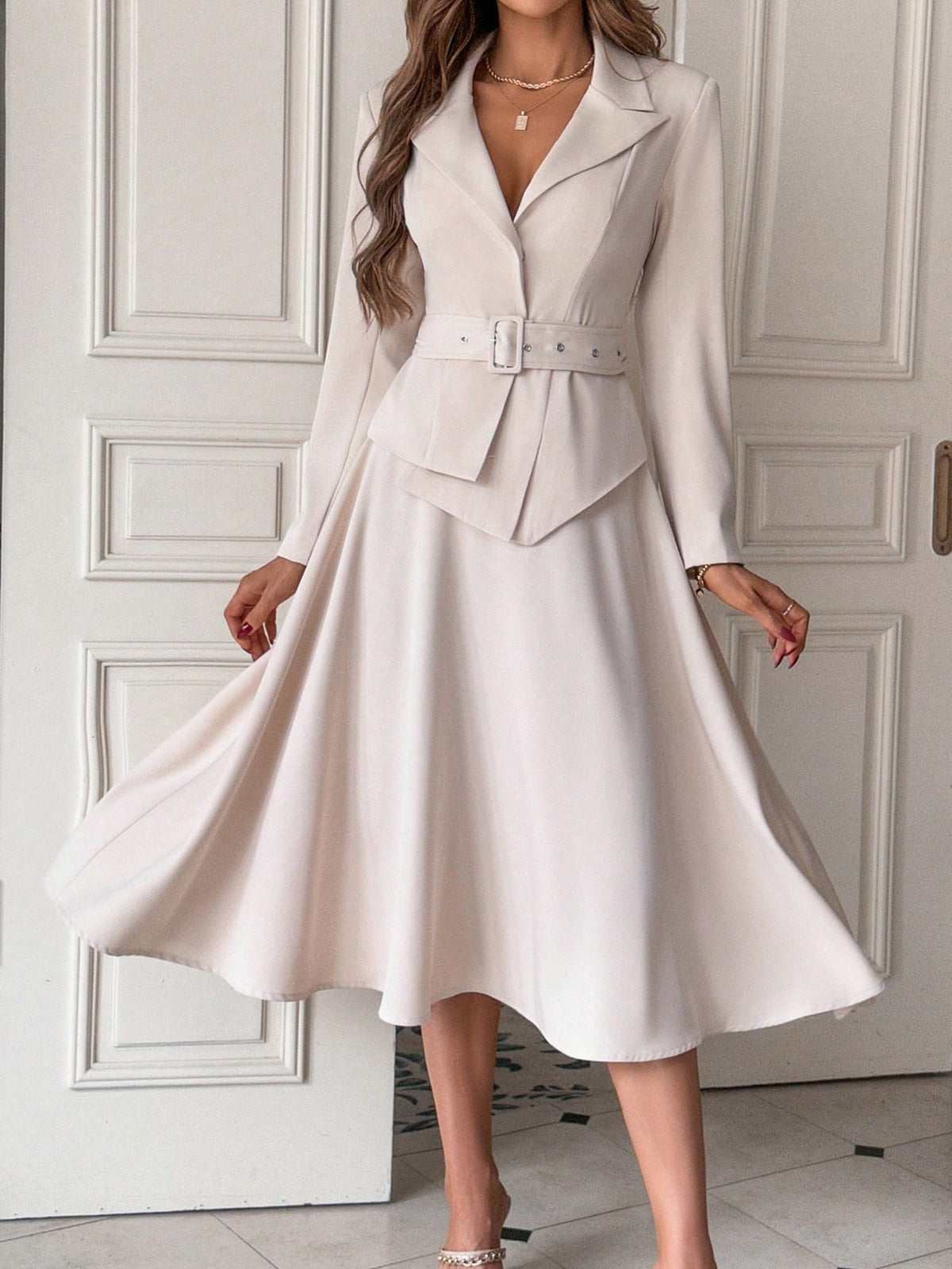 Buy SHEIN Privé Peak Collar Buckle Belted Blazer & Flare Skirt in Pakistan