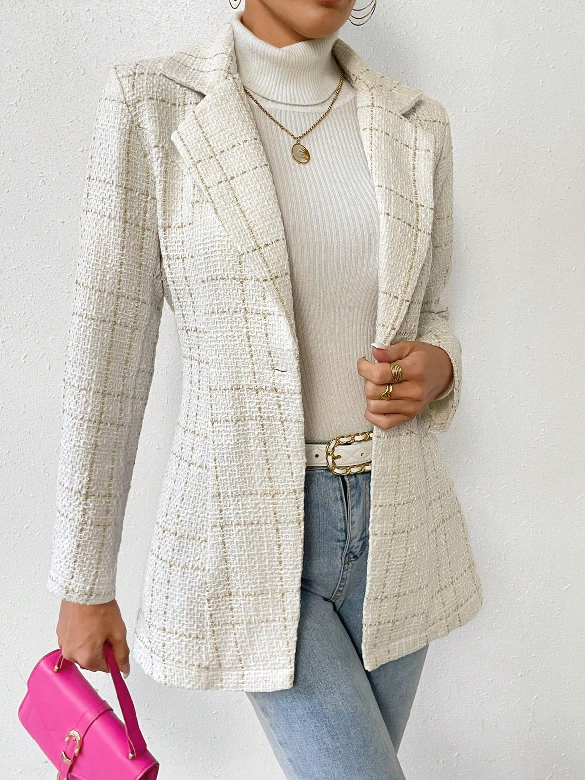 Buy SHEIN Priv̩ Plaid Pattern Lapel Neck Single Button Tweed Blazer in Pakistan