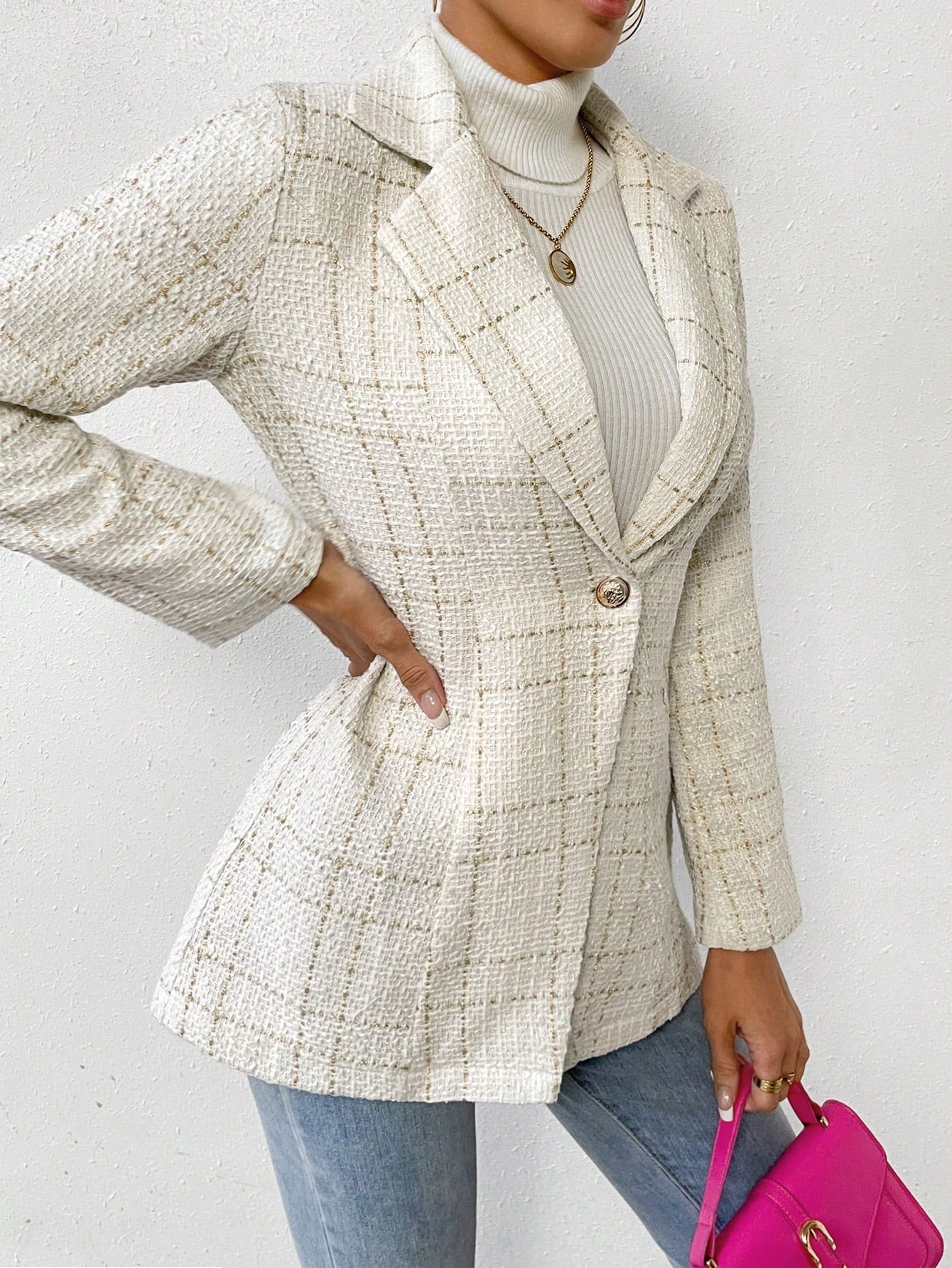 Buy SHEIN Priv̩ Plaid Pattern Lapel Neck Single Button Tweed Blazer in Pakistan