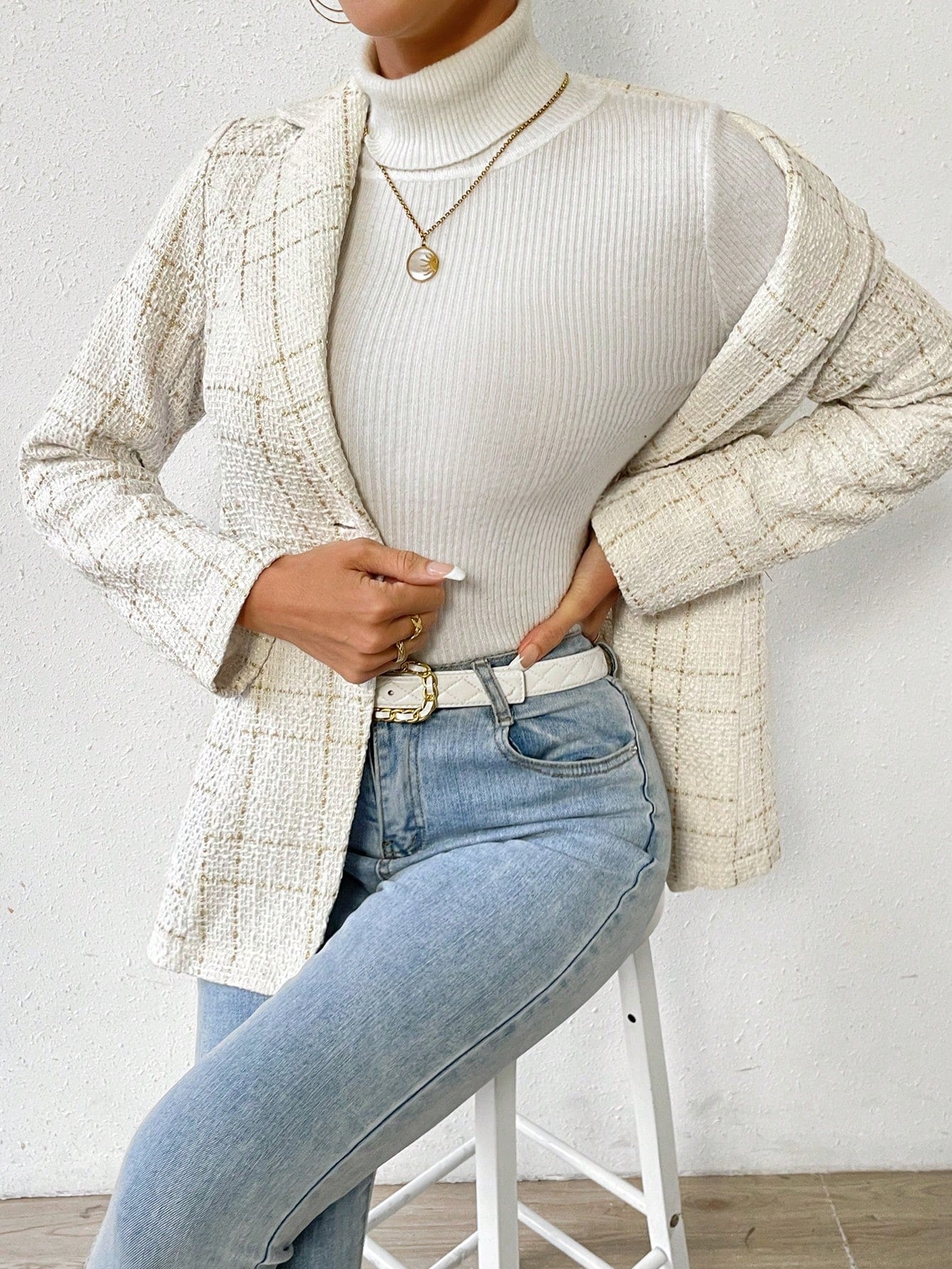 Buy SHEIN Priv̩ Plaid Pattern Lapel Neck Single Button Tweed Blazer in Pakistan