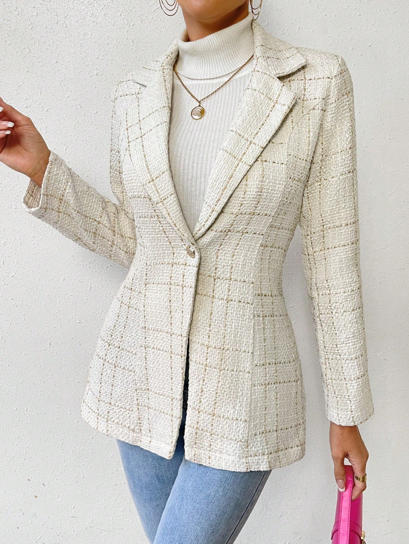 Buy SHEIN Priv̩ Plaid Pattern Lapel Neck Single Button Tweed Blazer in Pakistan