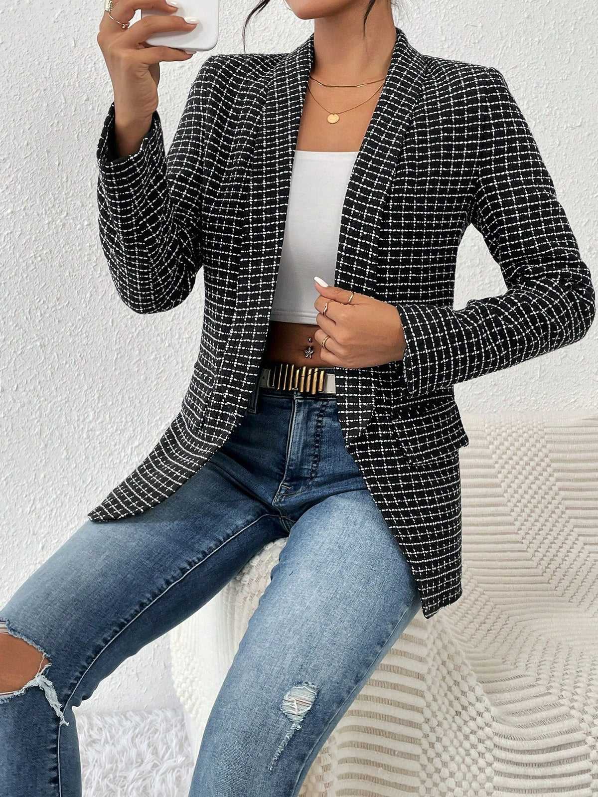 Buy SHEIN Priv̩ Plaid Print Shawl Collar Blazer in Pakistan