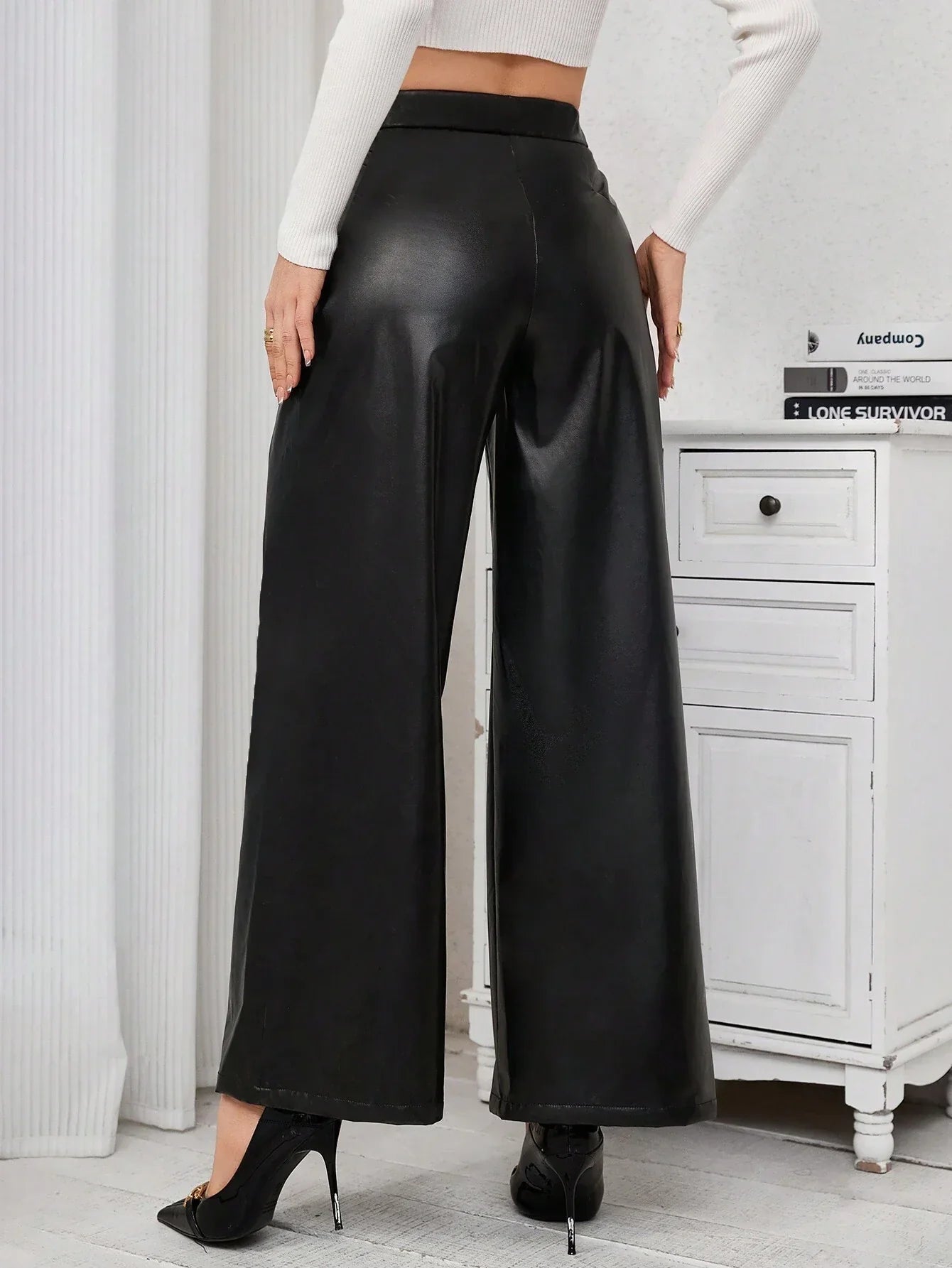 Buy SHEIN Priv̩ Pu Leather Wide Leg Pants in Pakistan