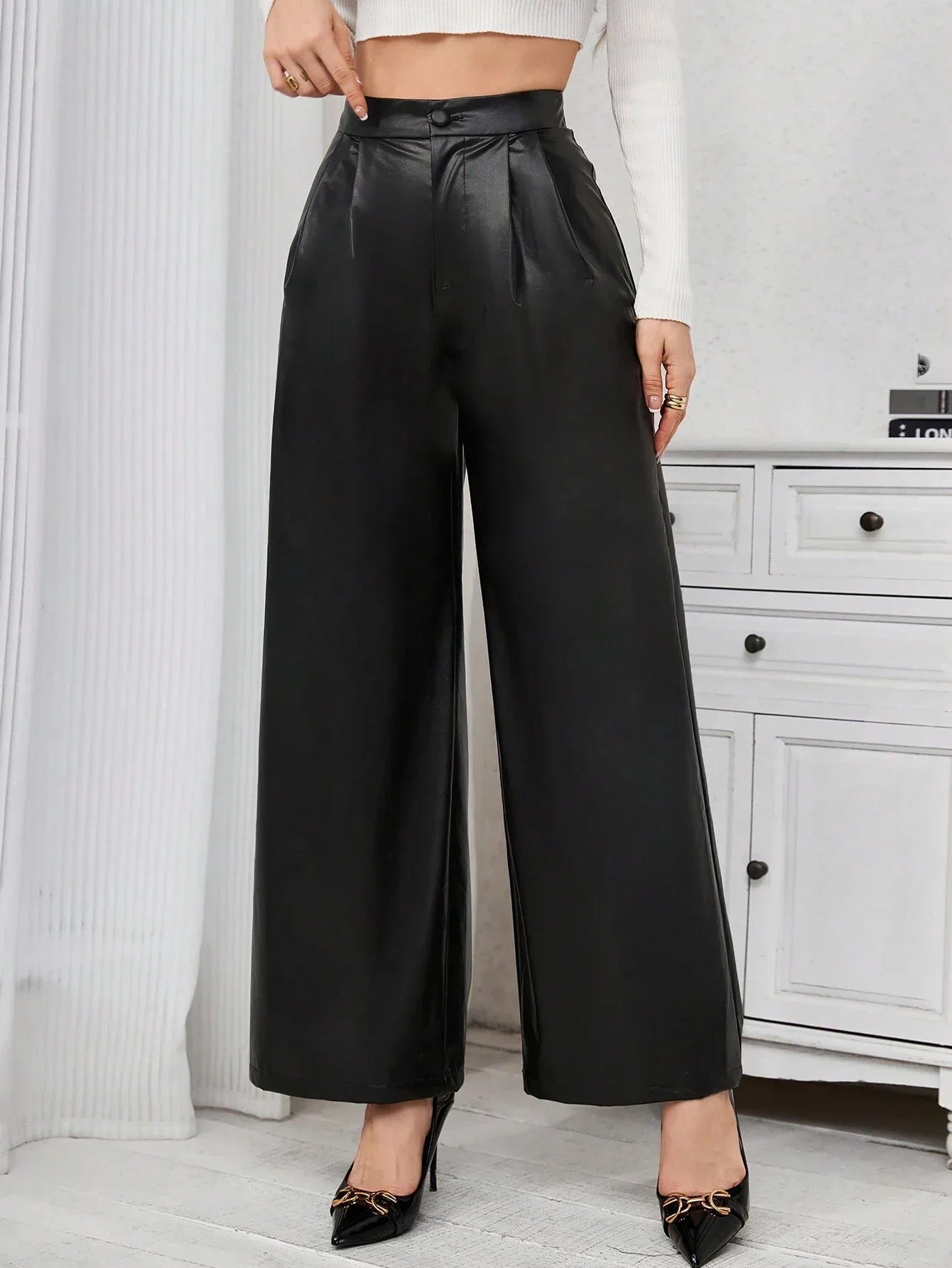 Buy SHEIN Priv̩ Pu Leather Wide Leg Pants in Pakistan