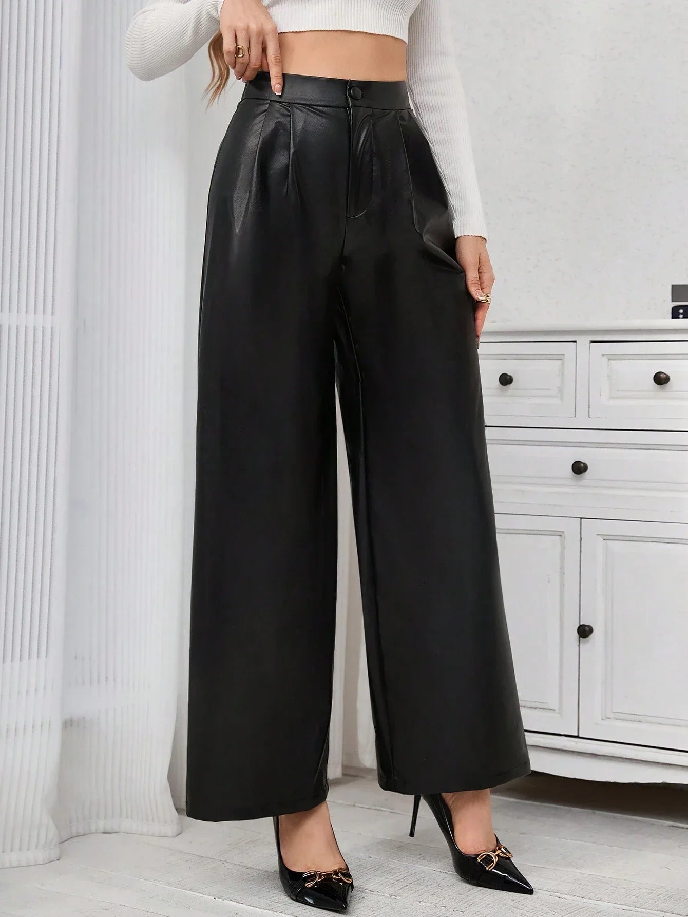 Buy SHEIN Priv̩ Pu Leather Wide Leg Pants in Pakistan