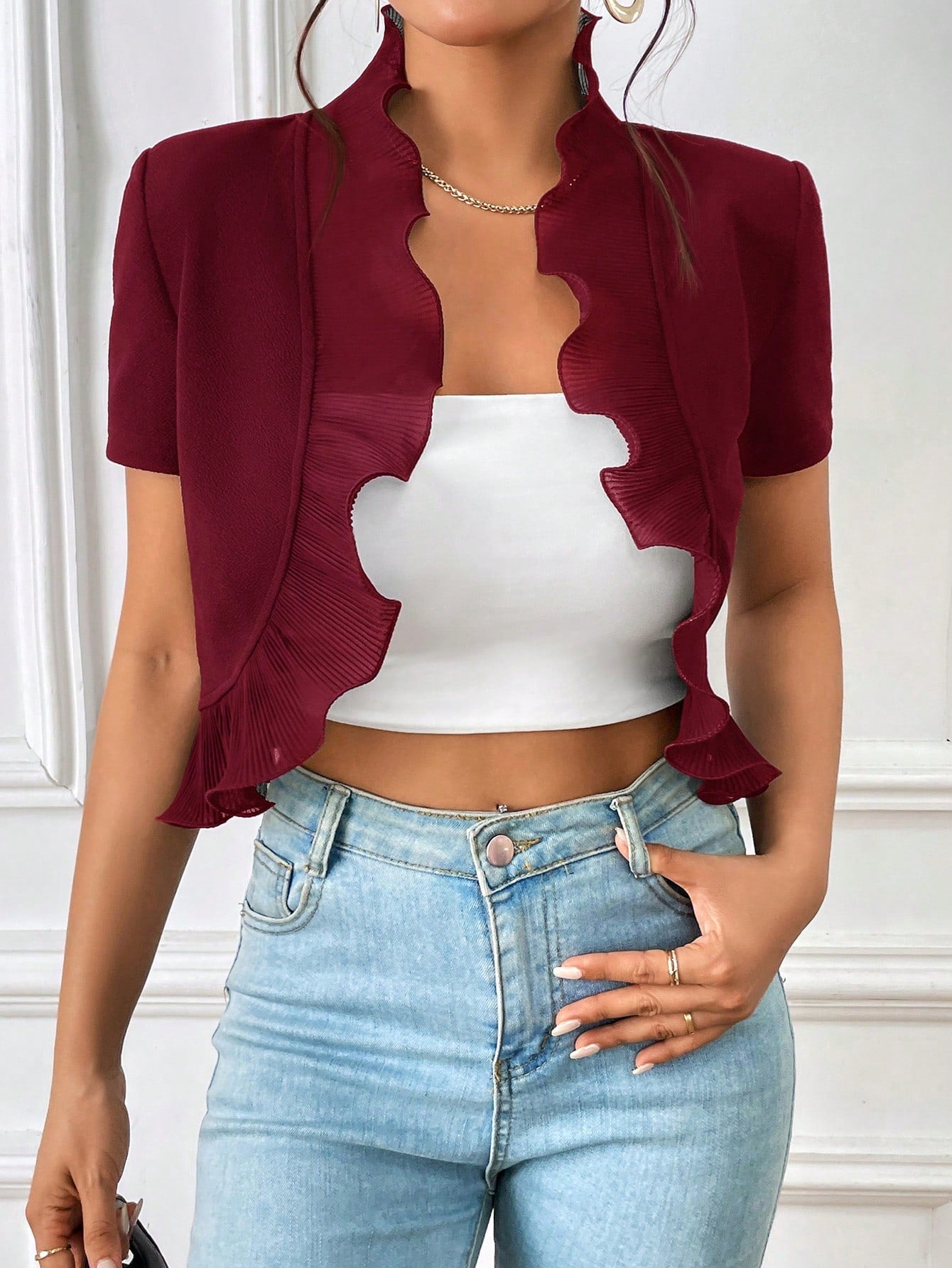 Buy SHEIN Privé Ruffle Trim Open Front Crop Jacket in Pakistan