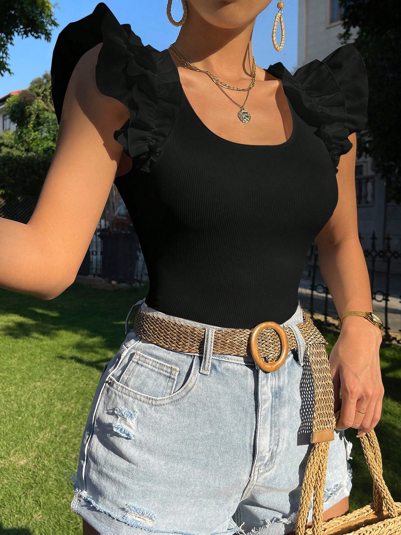 Buy SHEIN Priv̩ Ruffle Trim Scoop Neck Tee in Pakistan