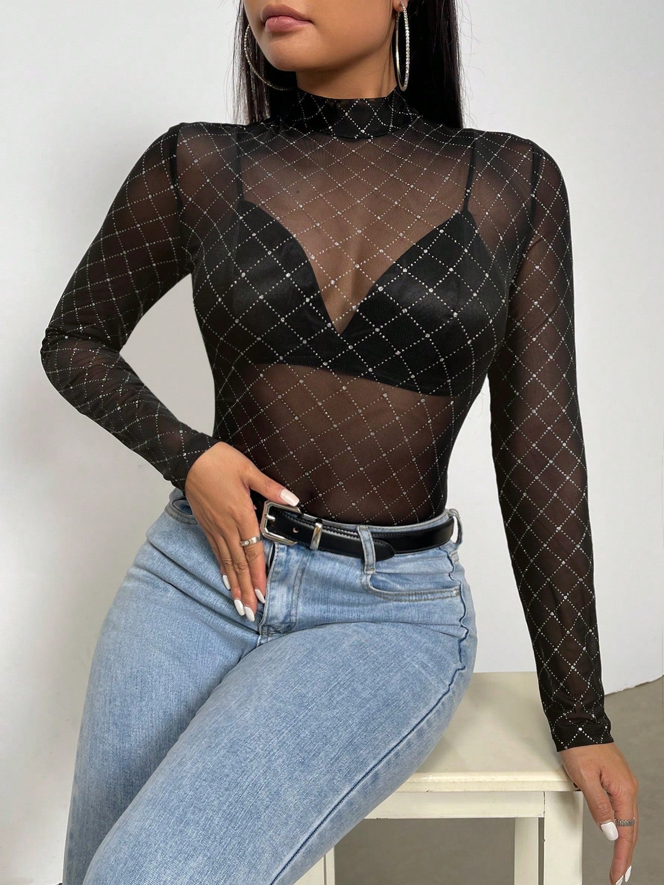 Buy SHEIN Priv̩ Semi-high Neck See-through Mesh Top in Pakistan