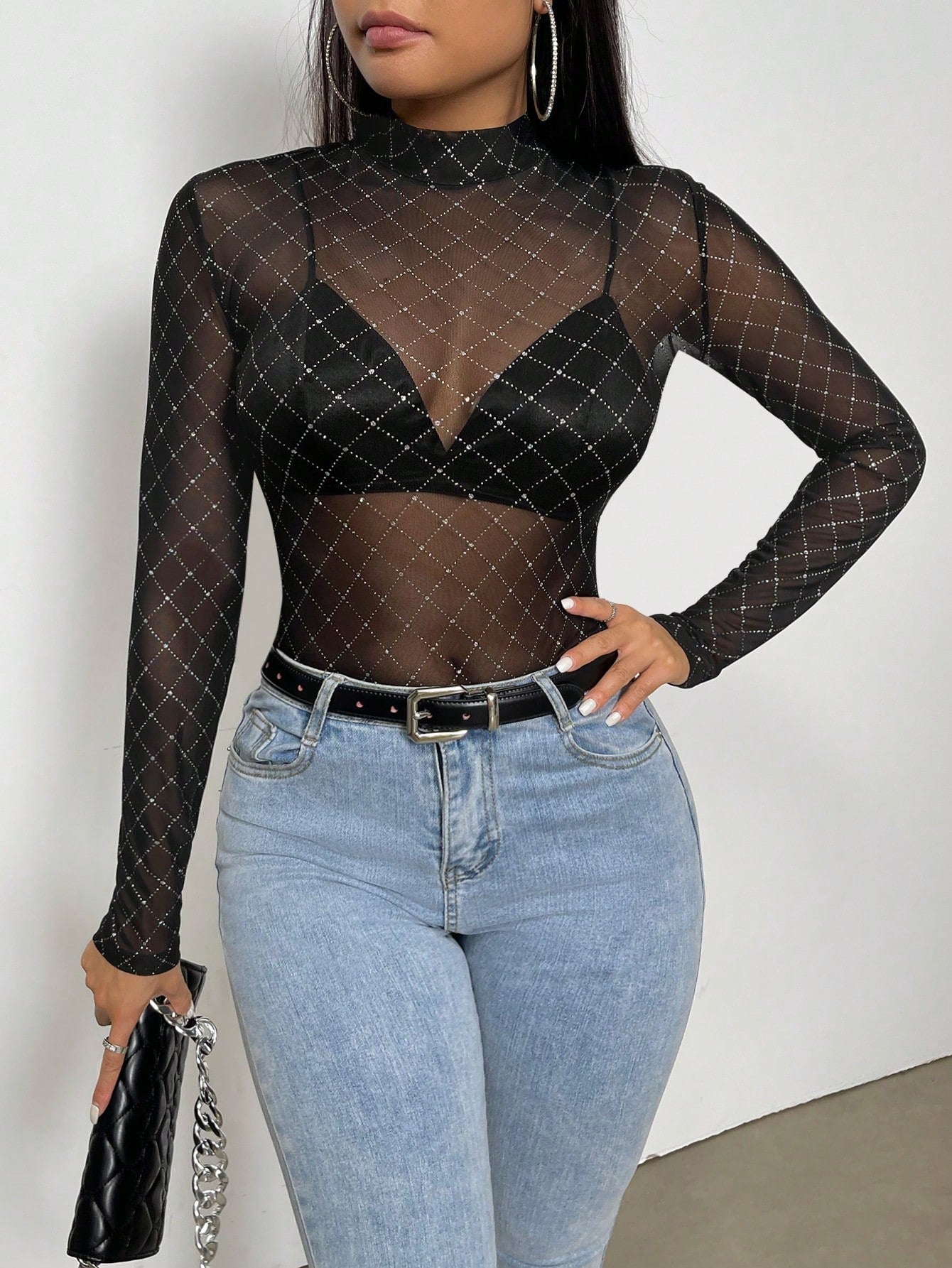 Buy SHEIN Priv̩ Semi-high Neck See-through Mesh Top in Pakistan