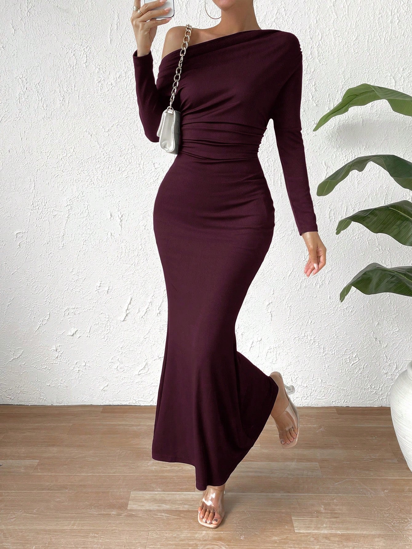 Buy SHEIN Priv̩ Solid Asymmetrical Neck Ruched Mermaid Hem Dress in Pakistan